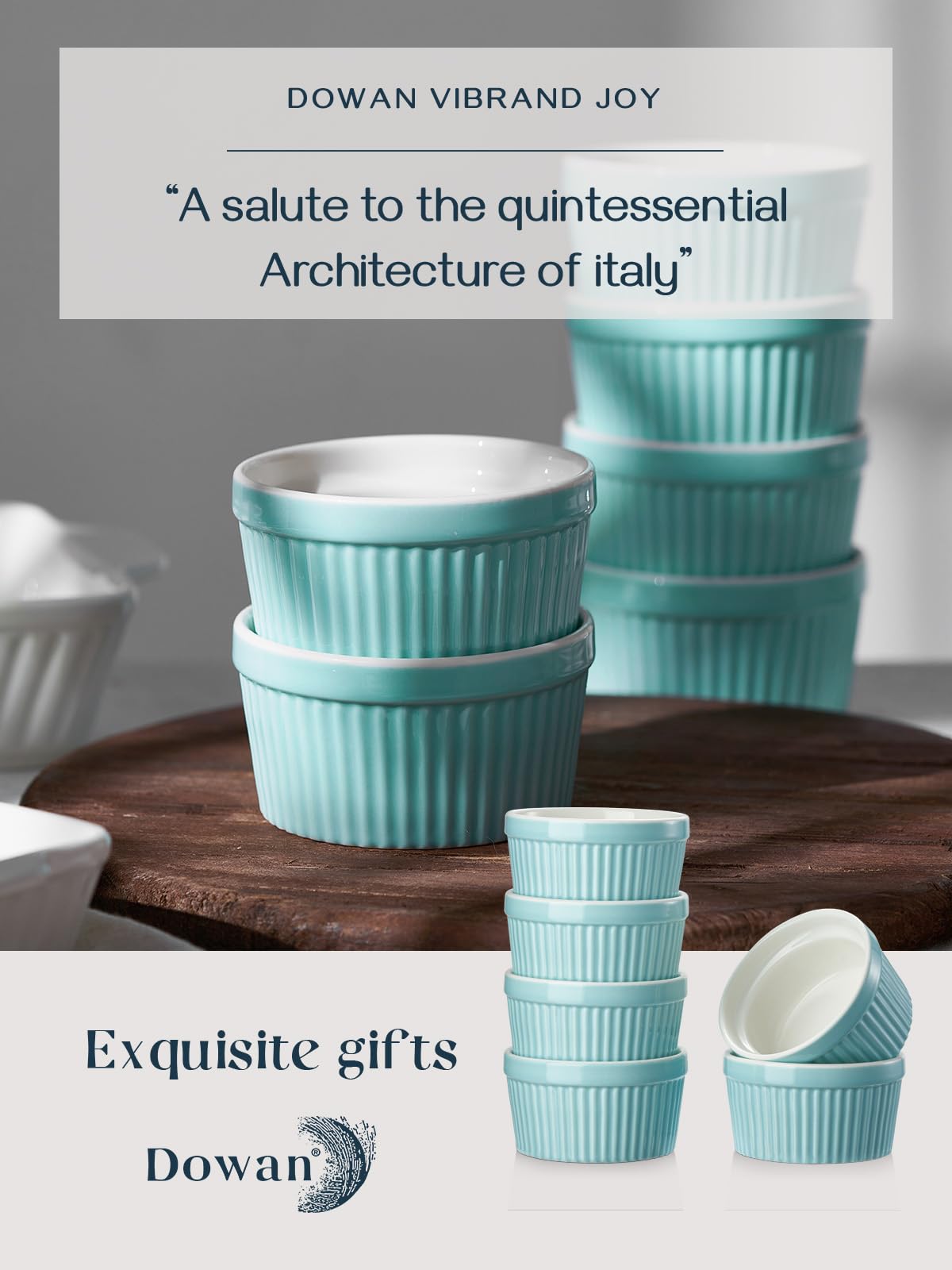 DOWAN 8 oz Porcelain Ramekins Set of 6 - Oven Safe Baking Bowls for Creme Brulee, Souffle, Desserts & Appetizers | Classic Blue Ramekins for Home Baking, Restaurant Use & Party Serving