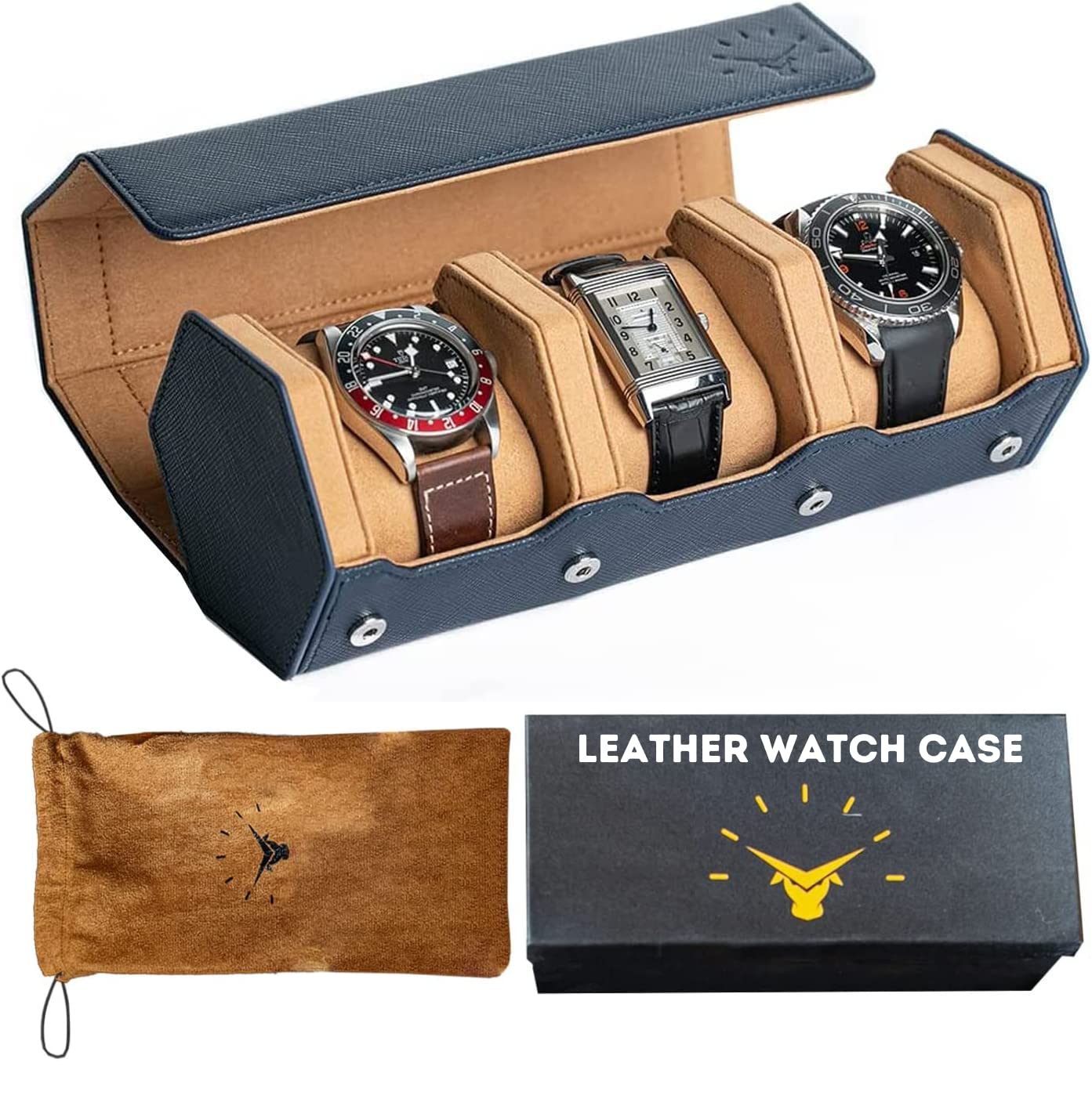 Premium 3-Slot Leather Watch Roll Case - Luxury Travel Watch Holder Organizer for Men & Women - Durable & Portable Watch Storage Box - Perfect for Travel, Business Trips & Watch Collection Display - Blue