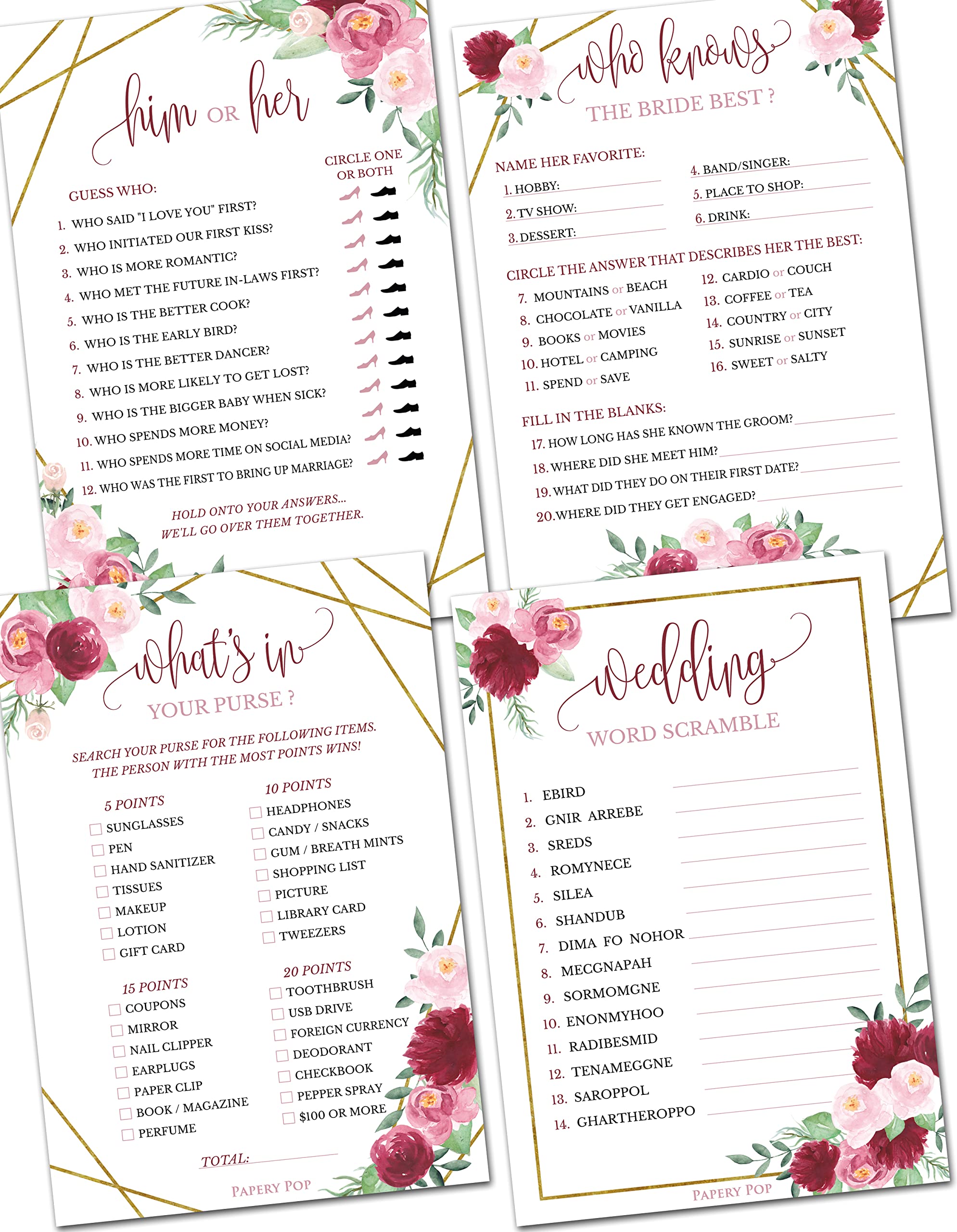 Papery Pop Bridal Shower Games Set - 4 Fun Wedding Party Games for 30 Guests with Rose Gold Double-Sided Cards - Perfect for Bachelorette Parties, Bridal Showers & Wedding Receptions