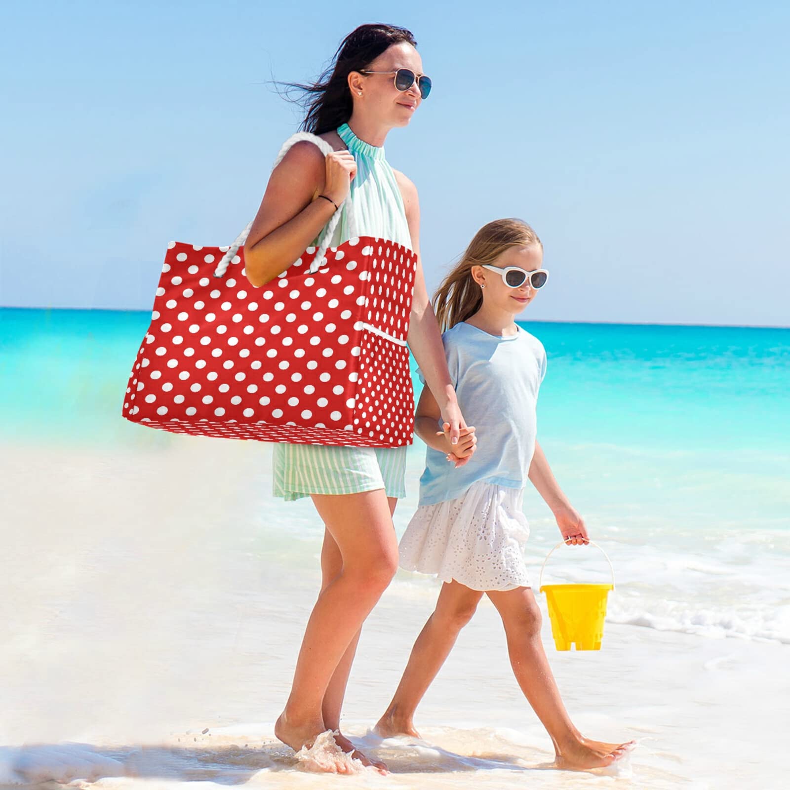 Stylish Red Polka Dot Tote Bag - Large Beach Bag with Rope Handles for Women, Perfect for Shopping, Groceries, Travel & Outdoor Activities | Durable & Fashionable Carryall for Beach Days, Picnics & Daily Use