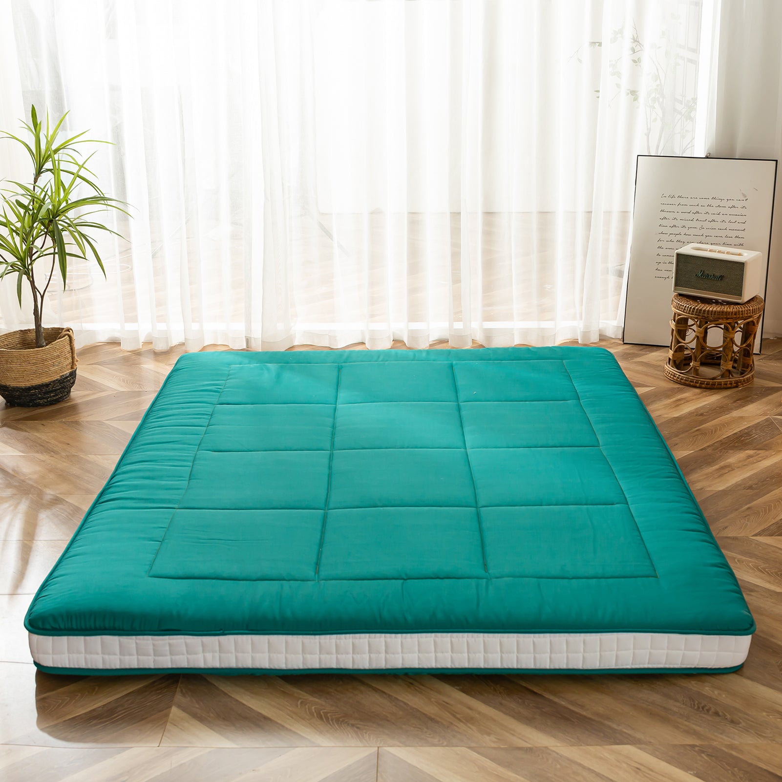 MAXYOYO Padded Japanese Floor Mattress - Multifunctional Futon Mattress in Turquoise | Comfortable Tatami Bed for Guest Room, Yoga & Meditation