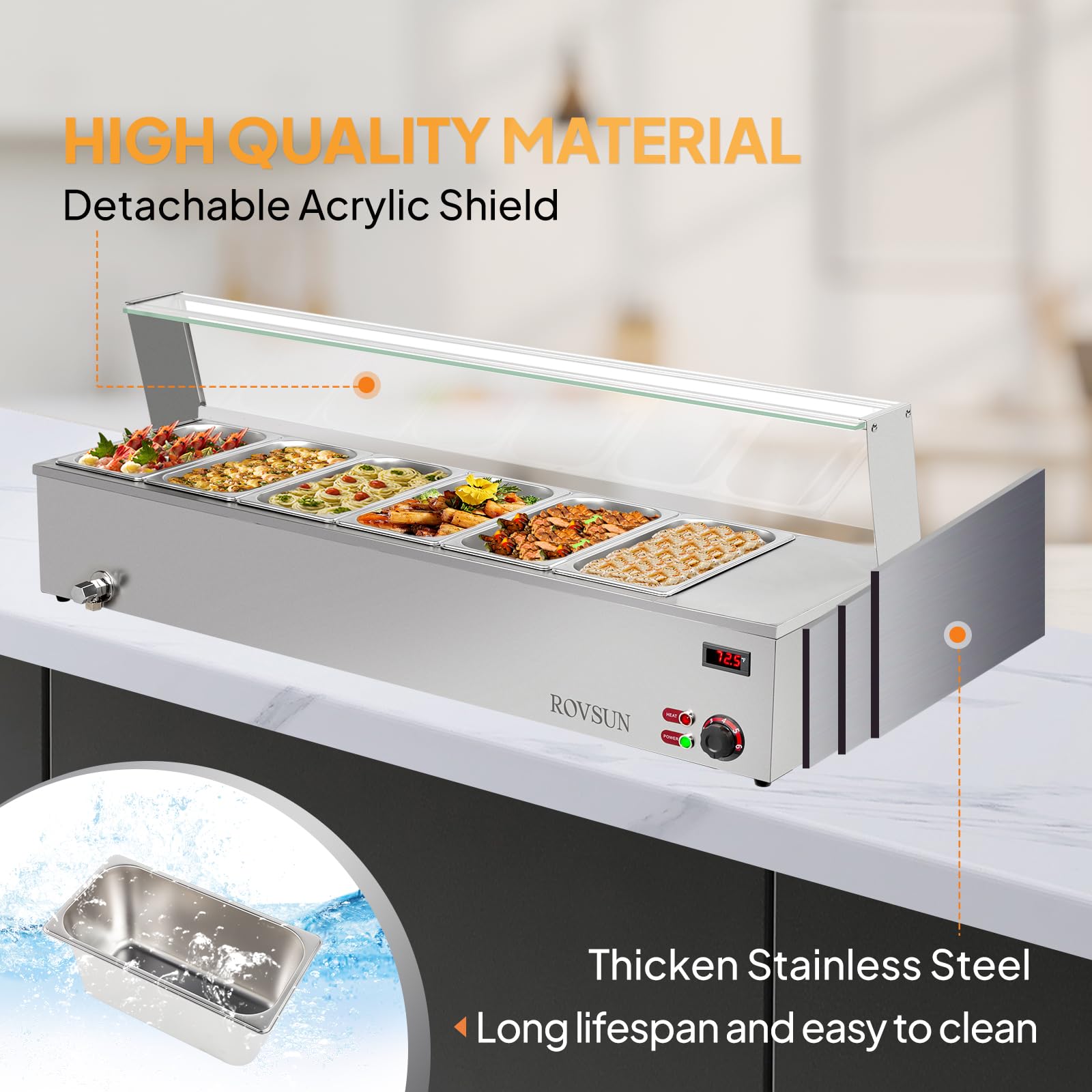 ROVSUN 48QT Electric Commercial Food Warmer - 6-Pan Stainless Steel Steam Table with Temperature Control & Acrylic Shield (1500W, 110V) | Perfect for Buffet, Party Catering, Restaurants, and Cafeterias