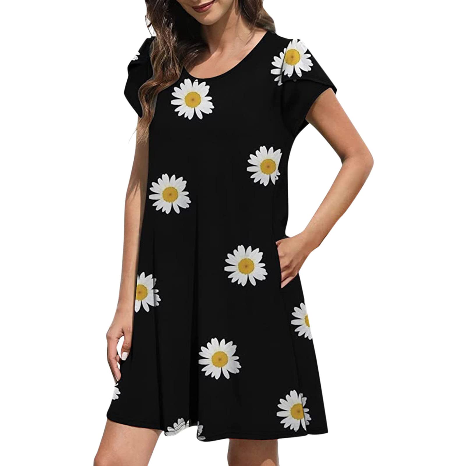 Women's Cap Sleeve Tie-Dye Casual T-Shirt Dress - Summer 2022 Fashion (Black, XL) | Perfect for Beach Outings, Weekend Brunch & Casual Date Nights