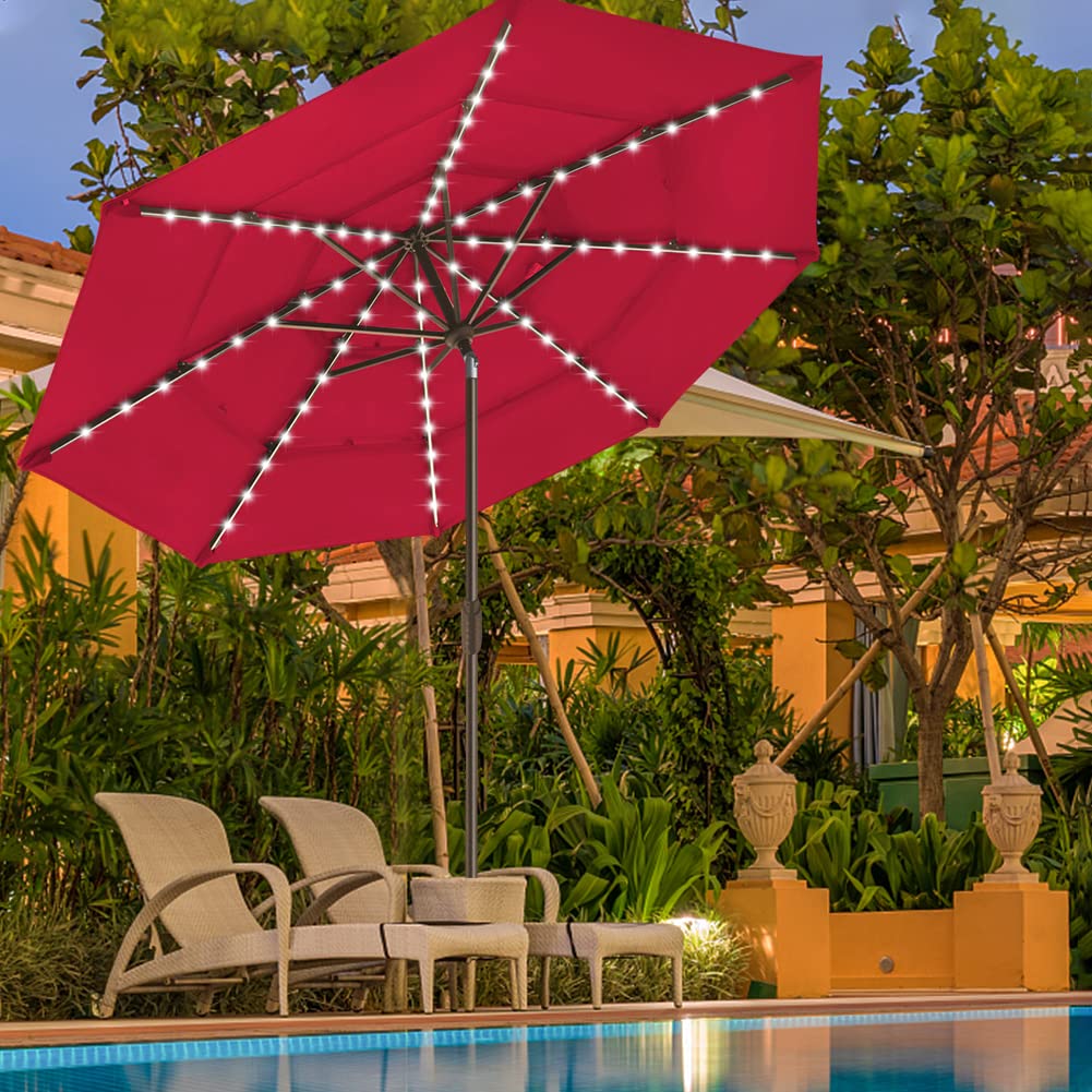 EliteShade 9ft 3-Tier Solar LED Patio Umbrella with 80 Lights - 10-Year Fade-Resistant, Ventilated Outdoor Market Umbrella (Logo Red) - Perfect for Backyard, Poolside, Restaurant & Outdoor Dining Areas