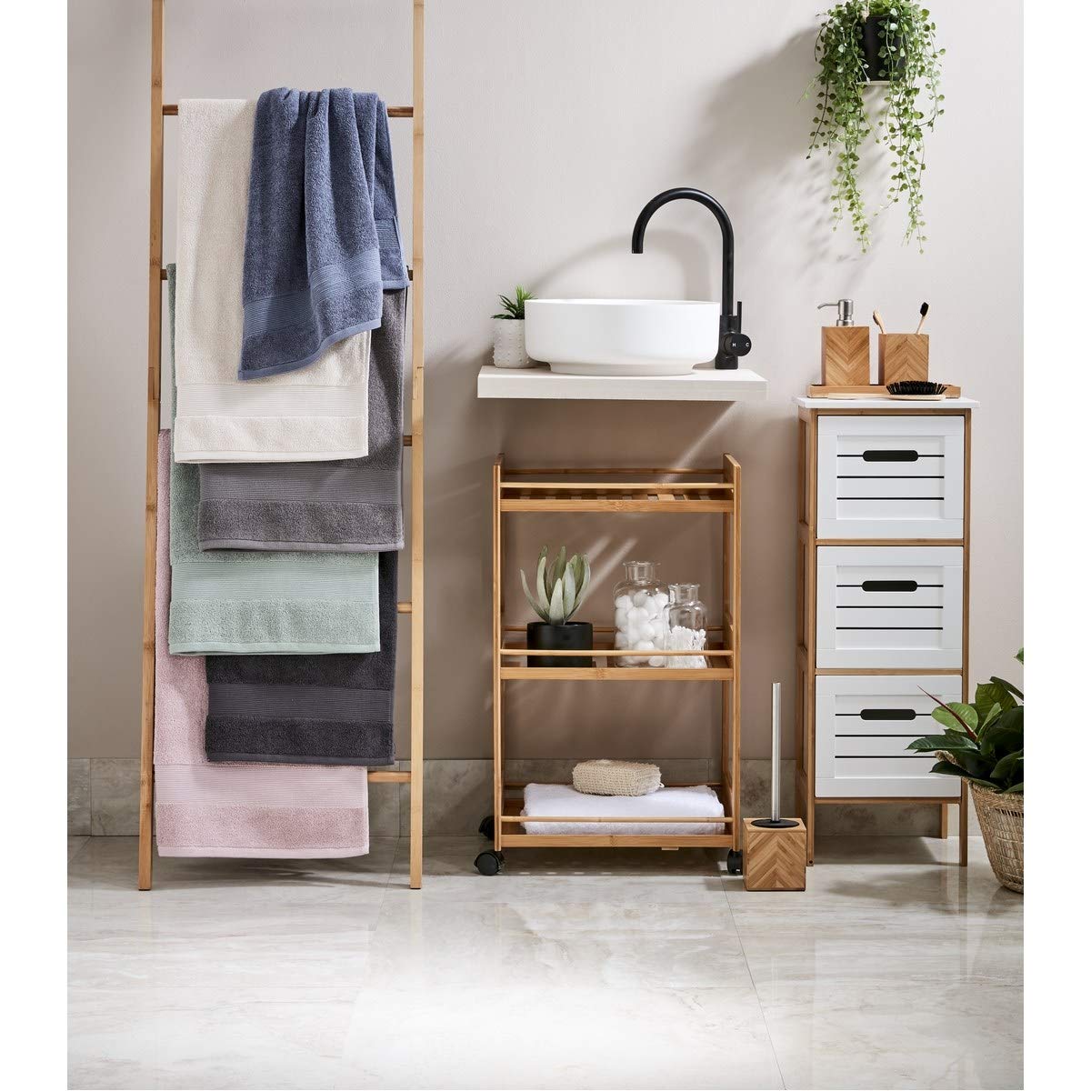 Anko 3-Tier Bamboo Rolling Cart with Wheels - Multi-Purpose Storage Organizer for Bathroom, Kitchen, Laundry & Office - Space-Saving Linen Shelf & Mobile Storage Solution