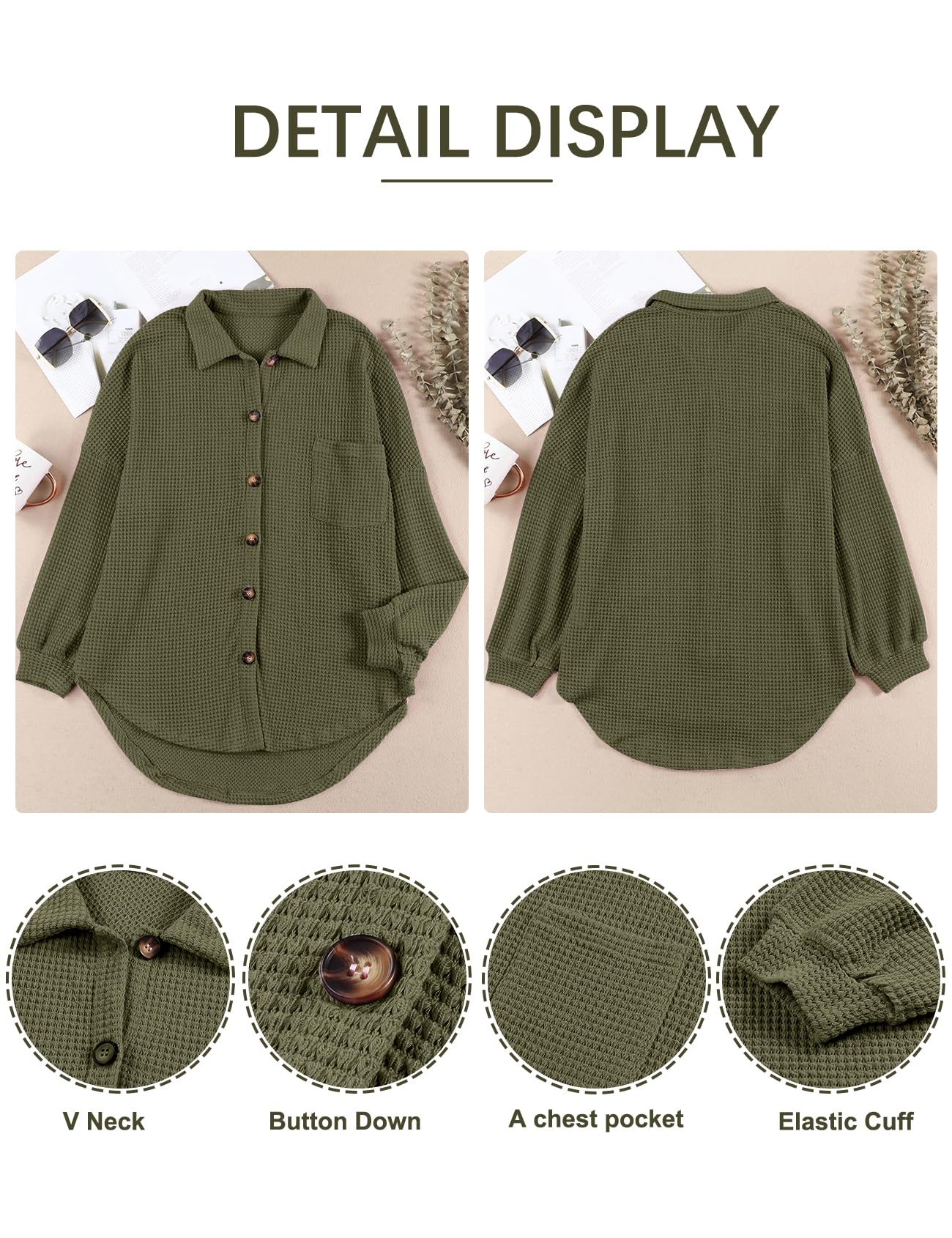 PEHMEA Women's Oversized Waffle Knit Button Down Shirt - Long Sleeve Casual Blouse Top with Pocket - Loose Fit Shacket for Fall Layering & Cozy Outfits