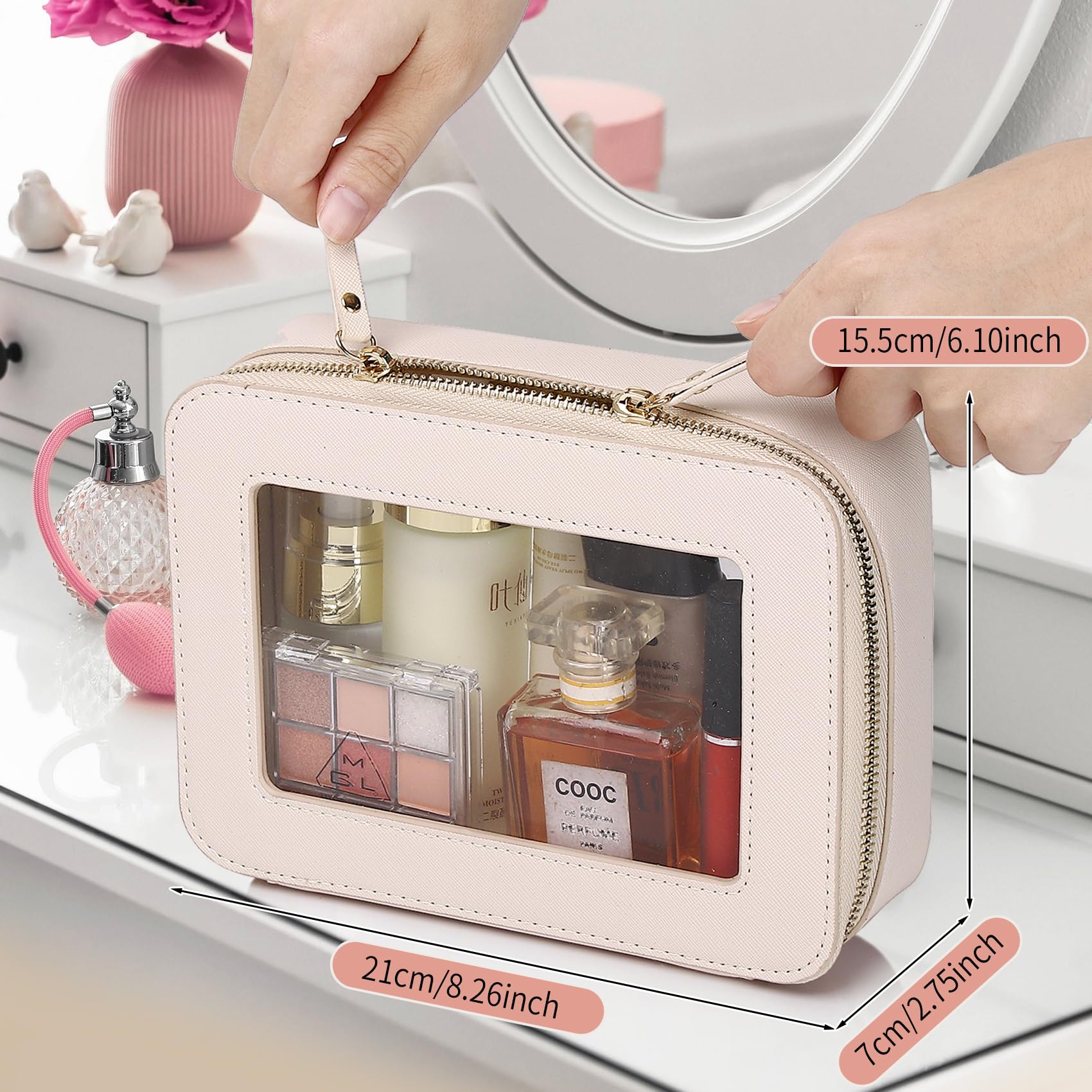Clear Travel Makeup Bag with Makeup Brush Holder - Waterproof Transparent Cosmetic & Toiletry Organizer with Zipper - Portable for Women (Beige, Medium+Slim) - Perfect for Airplane Carry-On, Gym Essentials & Car Organization