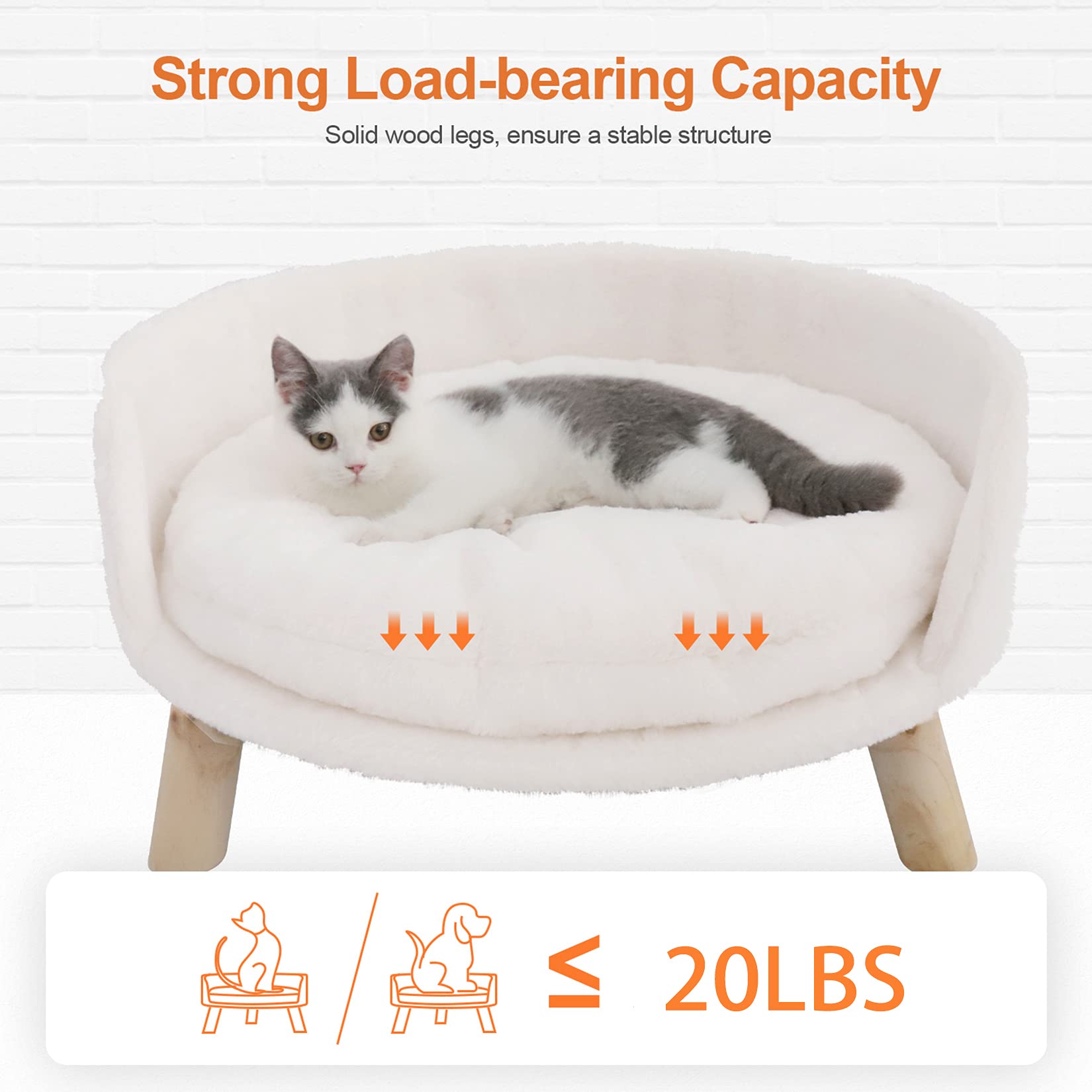 BingoPaw Elevated Pet Bed with Cozy Waterproof Pad - Sturdy Wooden Legs for Small Dogs & Cats - Modern Nordic Pet Stool for Indoor & Outdoor Use