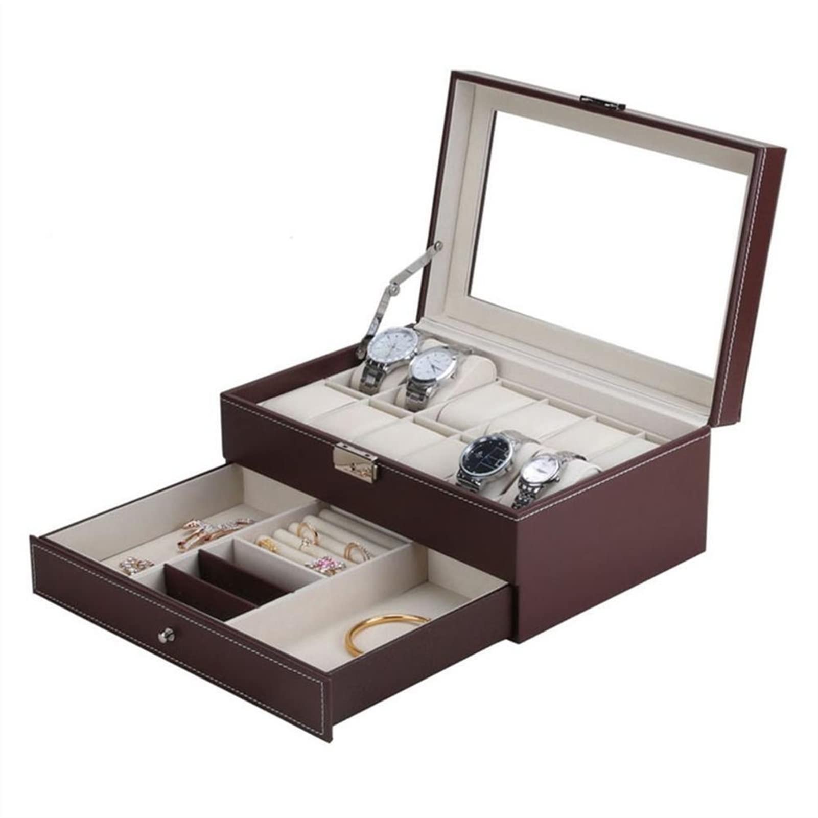 TOMYEUS 12-Slot Watch Box with Glass Lid - 2-Tier PU Leather Lockable Jewelry Storage Organizer for Men & Women - Perfect for Watch Collection Display, Travel & Home Decor (Color: B)