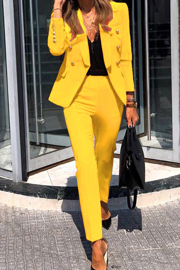 Stylish Women's Lapel Button Pocket Long Sleeve Blazer with Elastic Waist Pants Suit Set - Perfect for Office Wear, Business Meetings, and Formal Occasions