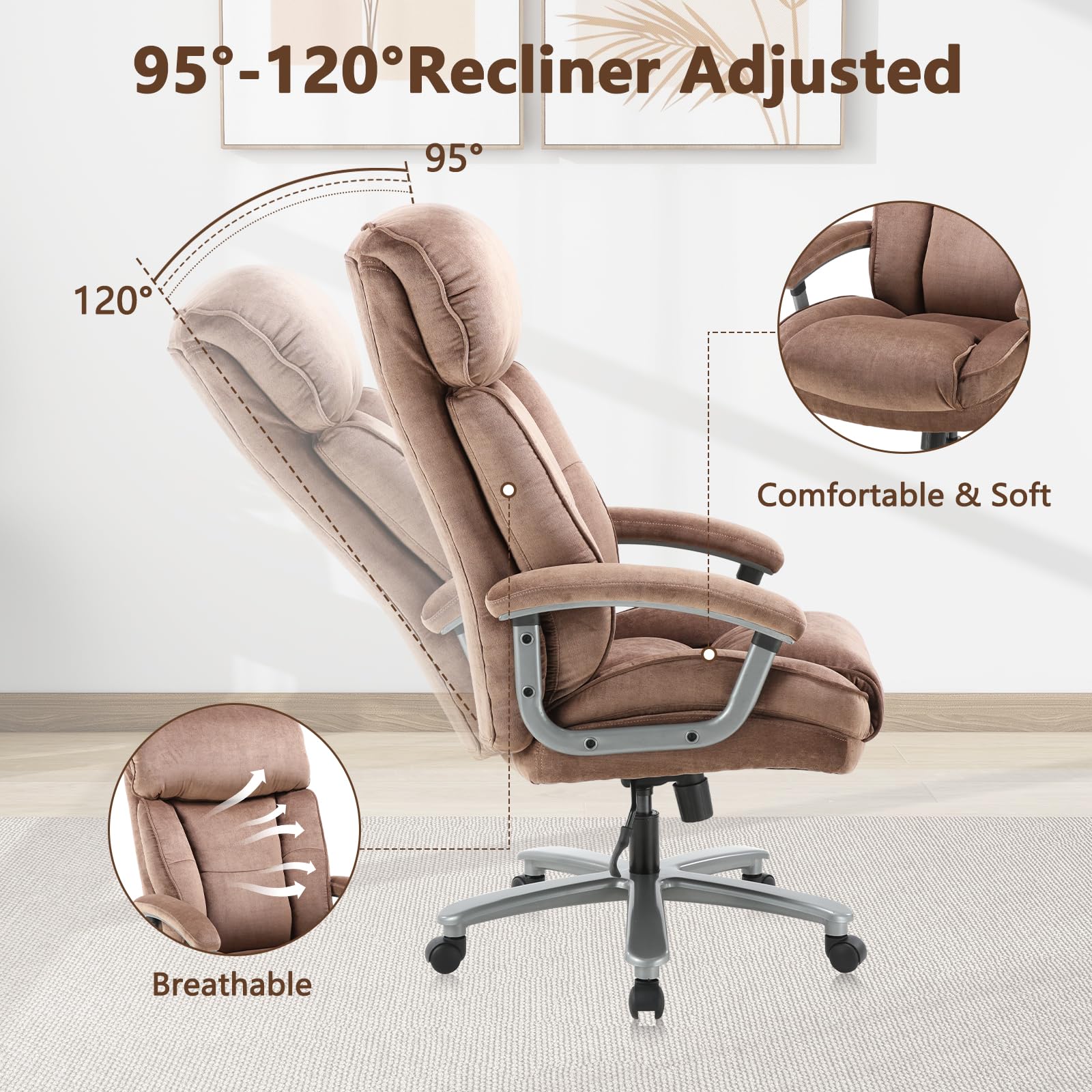 CLATINA Ergonomic Big and Tall Executive Office Chair - 400lbs Weight Capacity, Adjustable Height, Thick Padding with Headrest & Armrest - Upholstered Swivel Chair for Home Office (Beige) - Perfect for Long Work Hours and Comfortable Workspace Setup