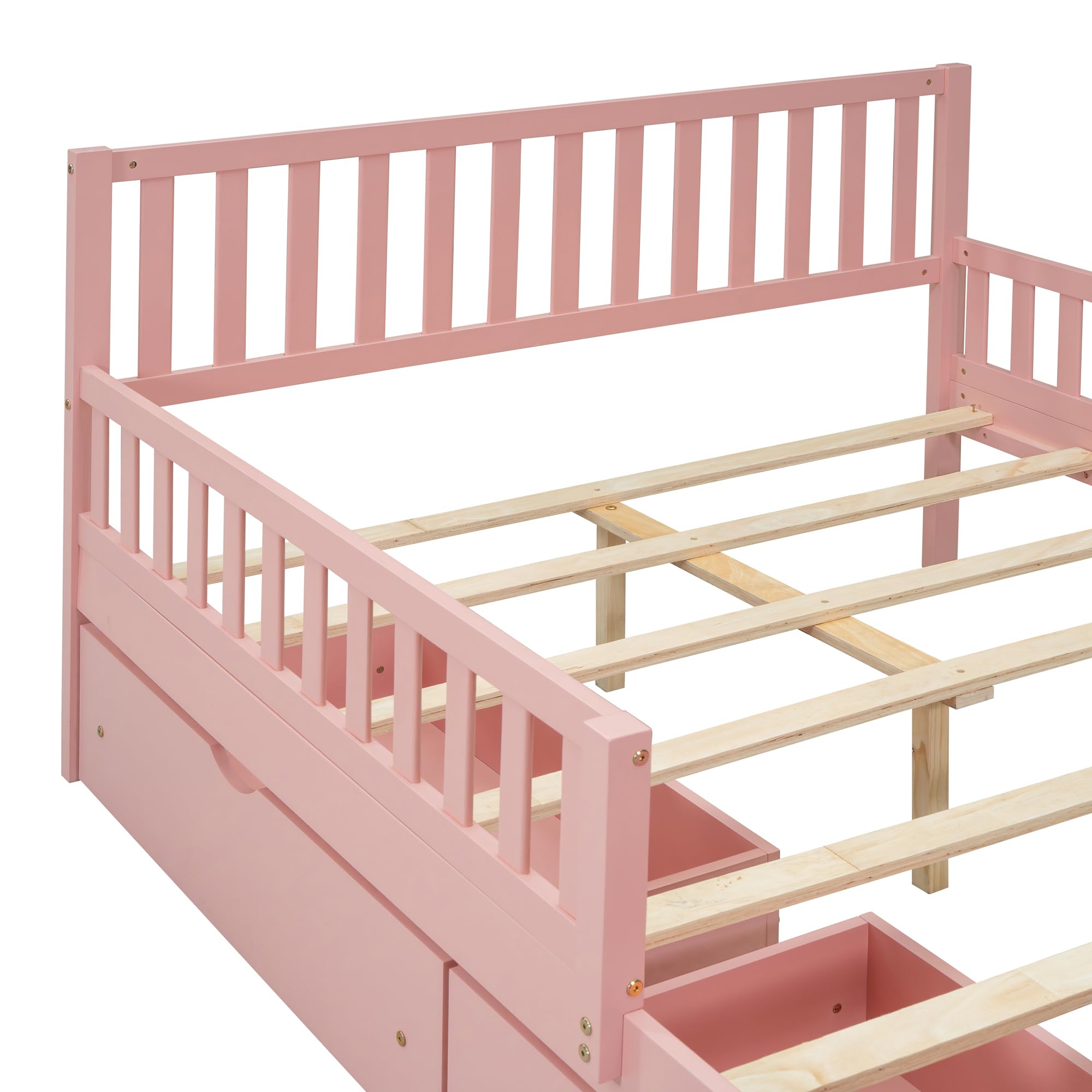 Pink Kids Full Bed Frame with Guardrails, Low Platform Bed with Headboard & Footboard, 2 Storage Drawers - Safe Toddler Bed for Boys & Girls - Perfect for Bedrooms, Daycare & Sleepovers