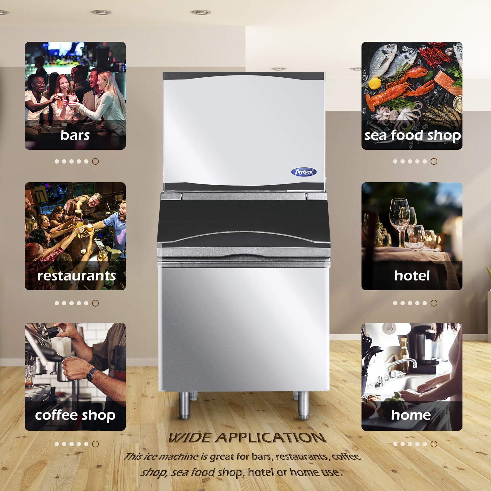 Atosa Commercial Ice Maker Machine with Bin - 460lbs/24h Stainless Steel Automatic Ice Maker for Restaurants, Supermarkets & Bars - Perfect for High-Volume Ice Production in Food Service Businesses