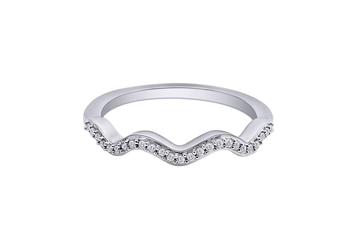 10K Solid Gold Round Cut White Diamond Wavy Band Ring (1/15 Cttw) - Elegant Stackable Ring for Women, Perfect for Weddings, Anniversaries & Everyday Wear