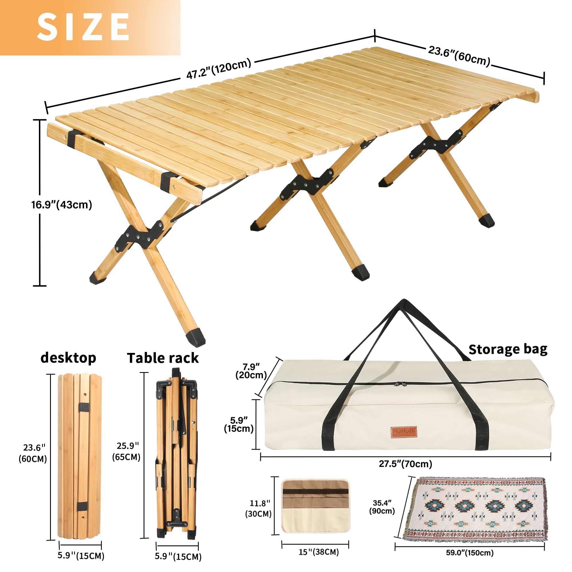 4FT Portable Bamboo Folding Picnic Table with Carry Bag & Tablecloth - Lightweight Camping Table for Beach, Backyard, BBQ, Travel & Outdoor Parties | Perfect for Picnics, Tailgating & Patio Gatherings