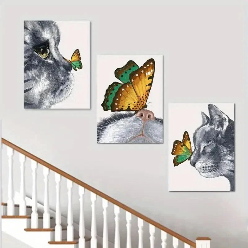 3-Piece Abstract Cat & Butterfly Paintings - Metal Wall Art Prints Ready to Hang - Perfect for Living Room, Bedroom & Office Decor