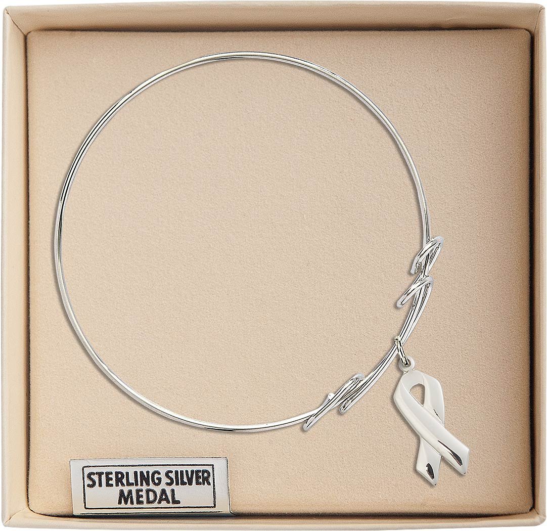 Sterling Silver Round Double Loop Bangle Bracelet - Cancer Awareness Ribbon Jewelry Gift for Women (Perfect for Support Events, Fundraisers & Everyday Wear)