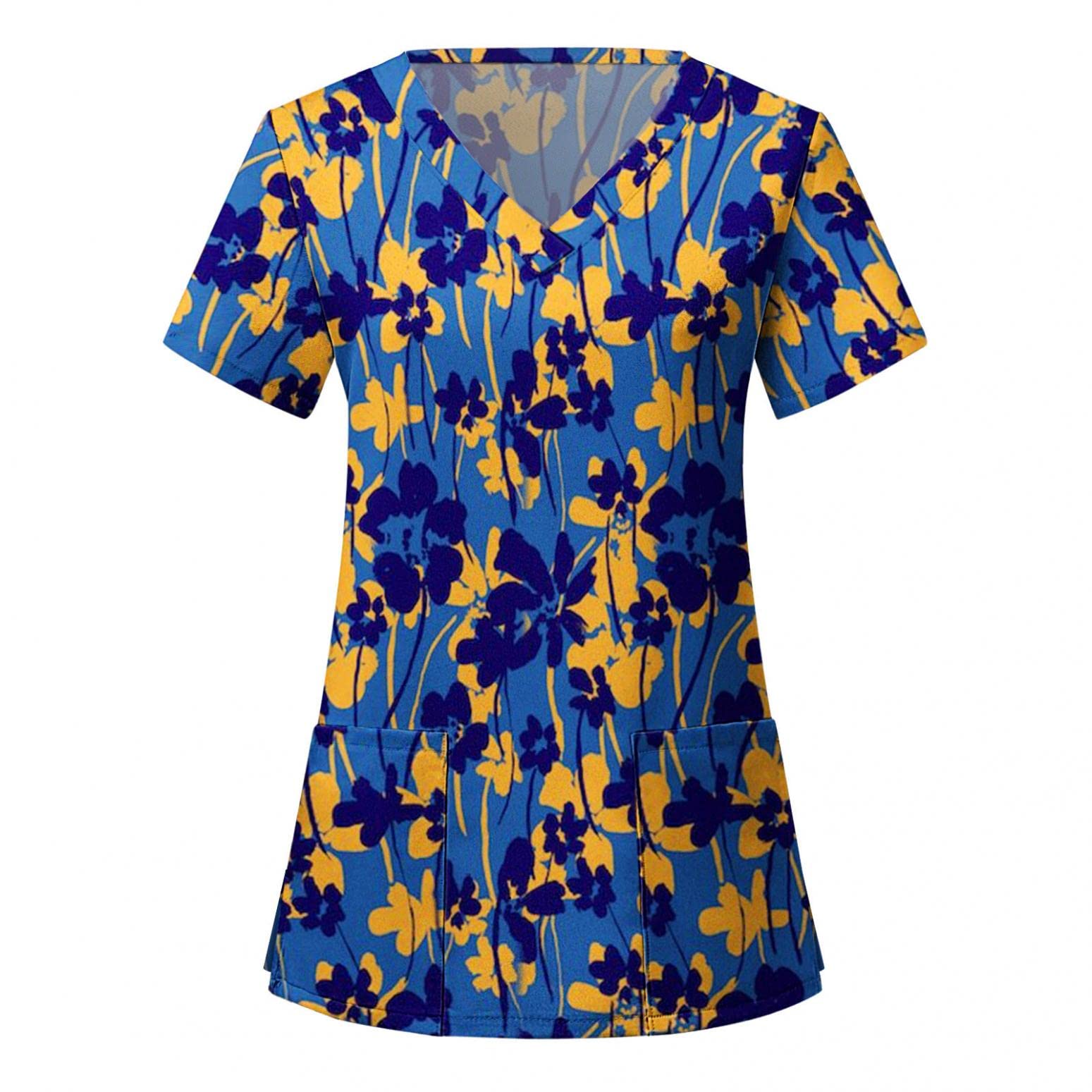 Women's Short Sleeve V-Neck T-Shirts with Pocket - Leaf Print Nursing Uniform Top for Nurses - Comfortable Work Blouse for Healthcare Professionals & Casual Wear
