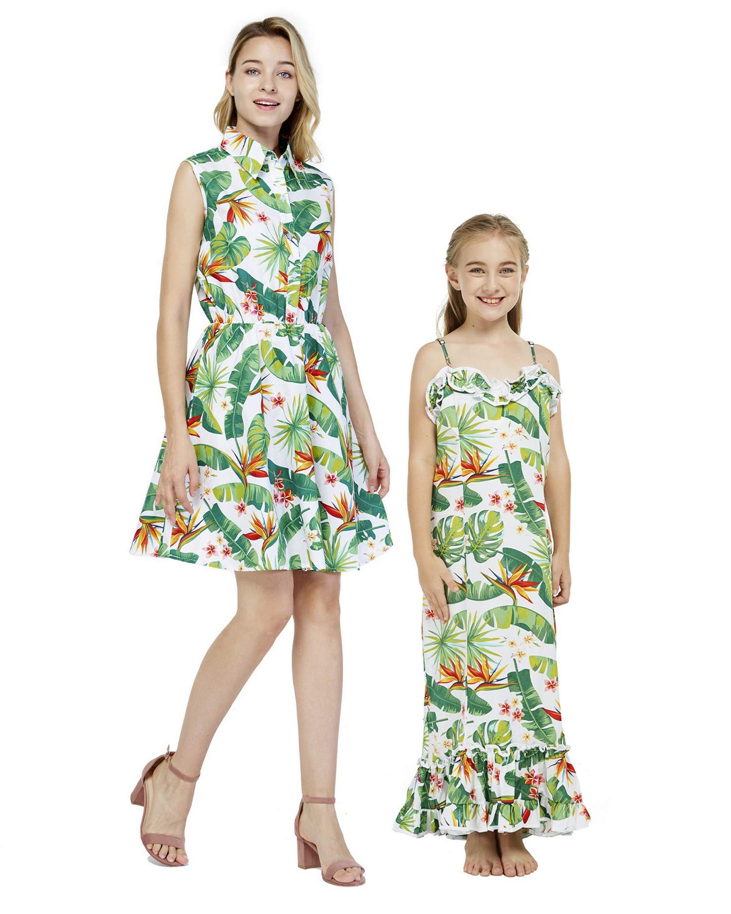 Hawaiian Luau Matching Mother Daughter Shirt Dress & Muumuu Dress - Tropical Bird of Paradise Print for Beach Vacation, Family Reunion & Summer Party Outfits