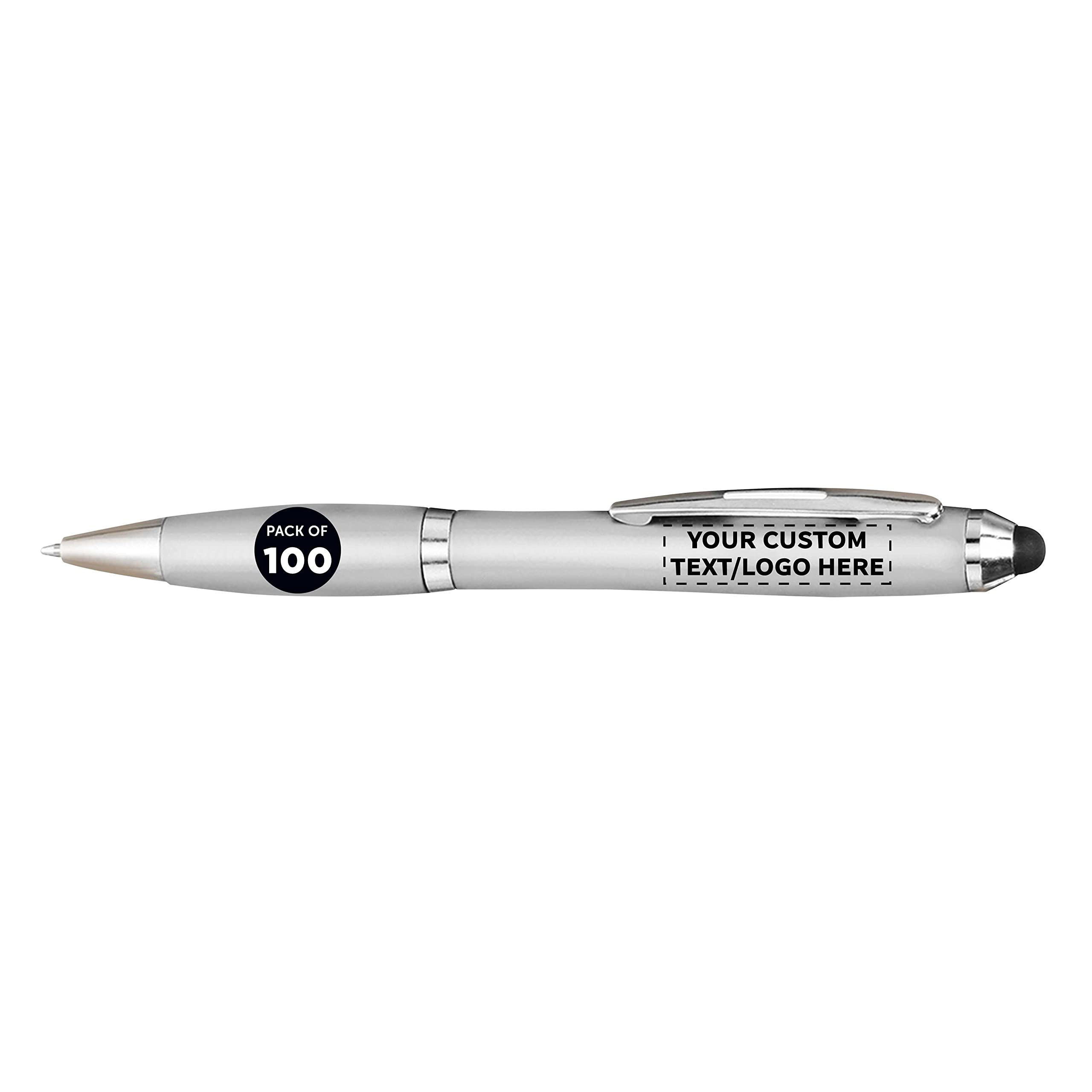 Custom Plastic Stylus Pens - Bulk Pack of 100 with Black Ink - Personalized Promotional Pens for Office, School & Business - Perfect for Tradeshows, Events & Giveaways - Silver Finish (Great for Note-Taking, Signing Documents & Touchscreen Devices)