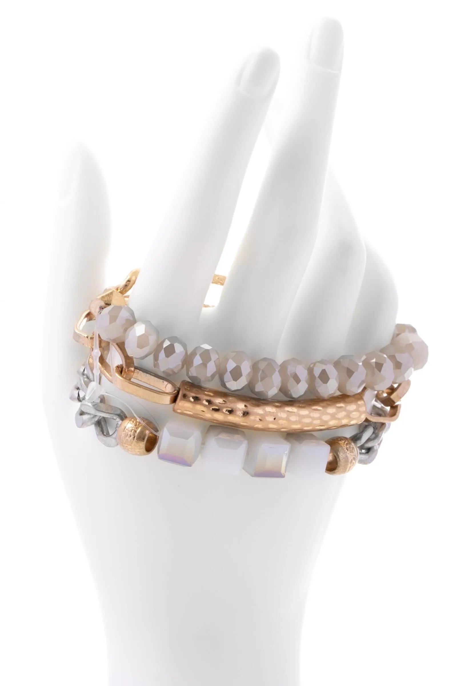 Metallic Beaded Chain Trio Bracelet Set - Gold Silver Rose Gold Adjustable Bangle for Women - Perfect for Parties, Weddings & Everyday Wear