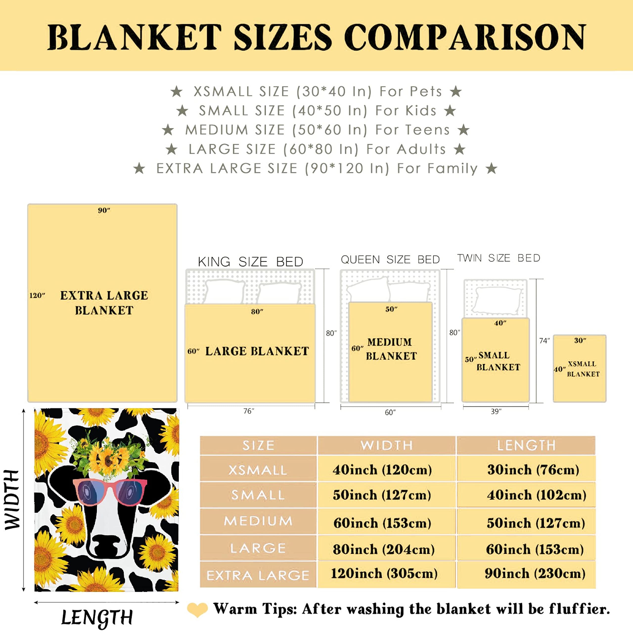 Sunflower Cow Print Plush Throw Blanket - Ultra Soft Lightweight Flannel Fleece Blanket for Baby Girls & Boys, Gifts - 120