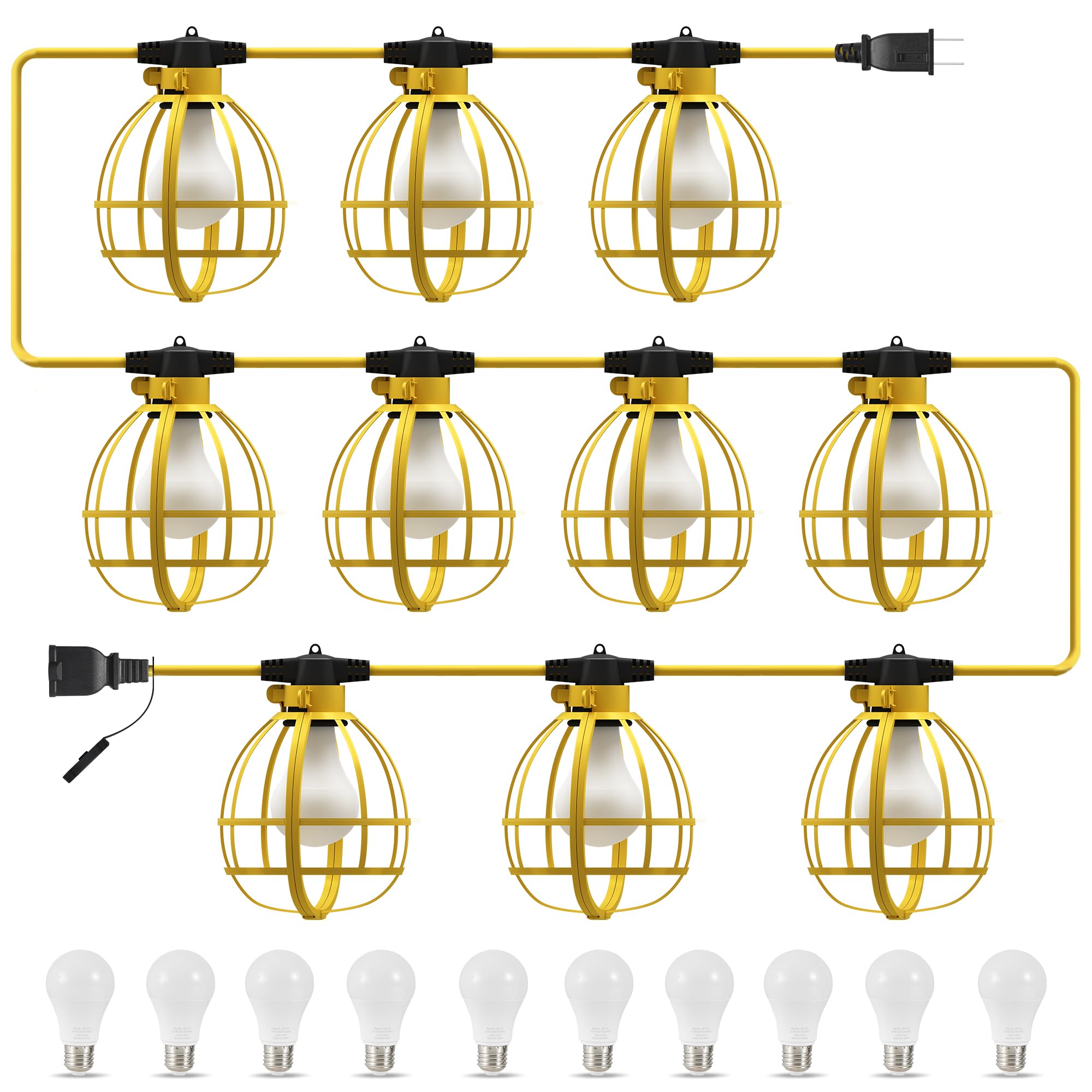 LEDIARY 100FT Construction String Lights - 10 Bulbs 100W 10500LM Weatherproof Linkable Jobsite Lighting for Indoor & Outdoor Use - Perfect for Construction Sites, Backyard Parties, and Temporary Workspace Lighting