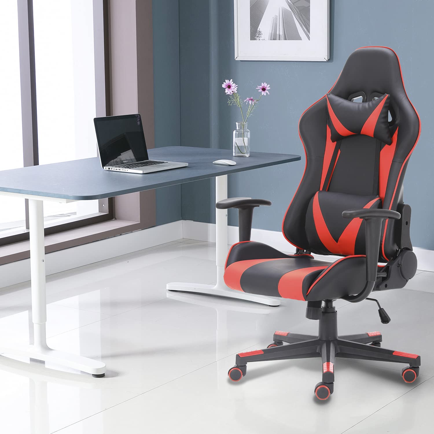 Ergonomic High Back Gaming Chair with Massage & Reclining Function - Adjustable PU Leather Computer Office Chair for PC Gaming & Work (Red) - Perfect for Esports, Streaming & Home Office Setup