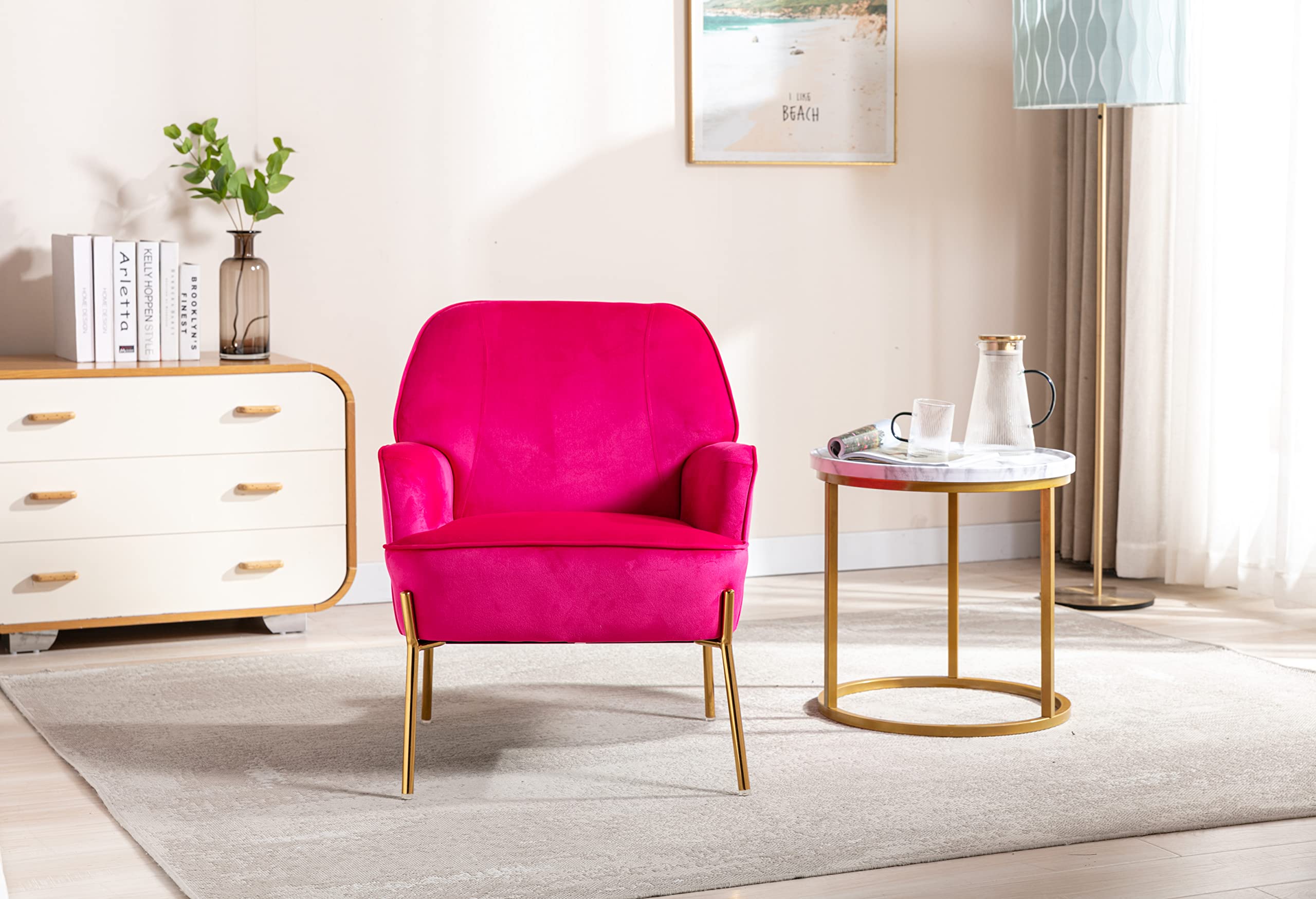 Luxury Velvet Accent Chair with Glam Metal Legs - Modern Comfort for Living Room, Bedroom & Dining Room - Rose Red Upholstered Armchair for Home Decor & Beauty Salon Use