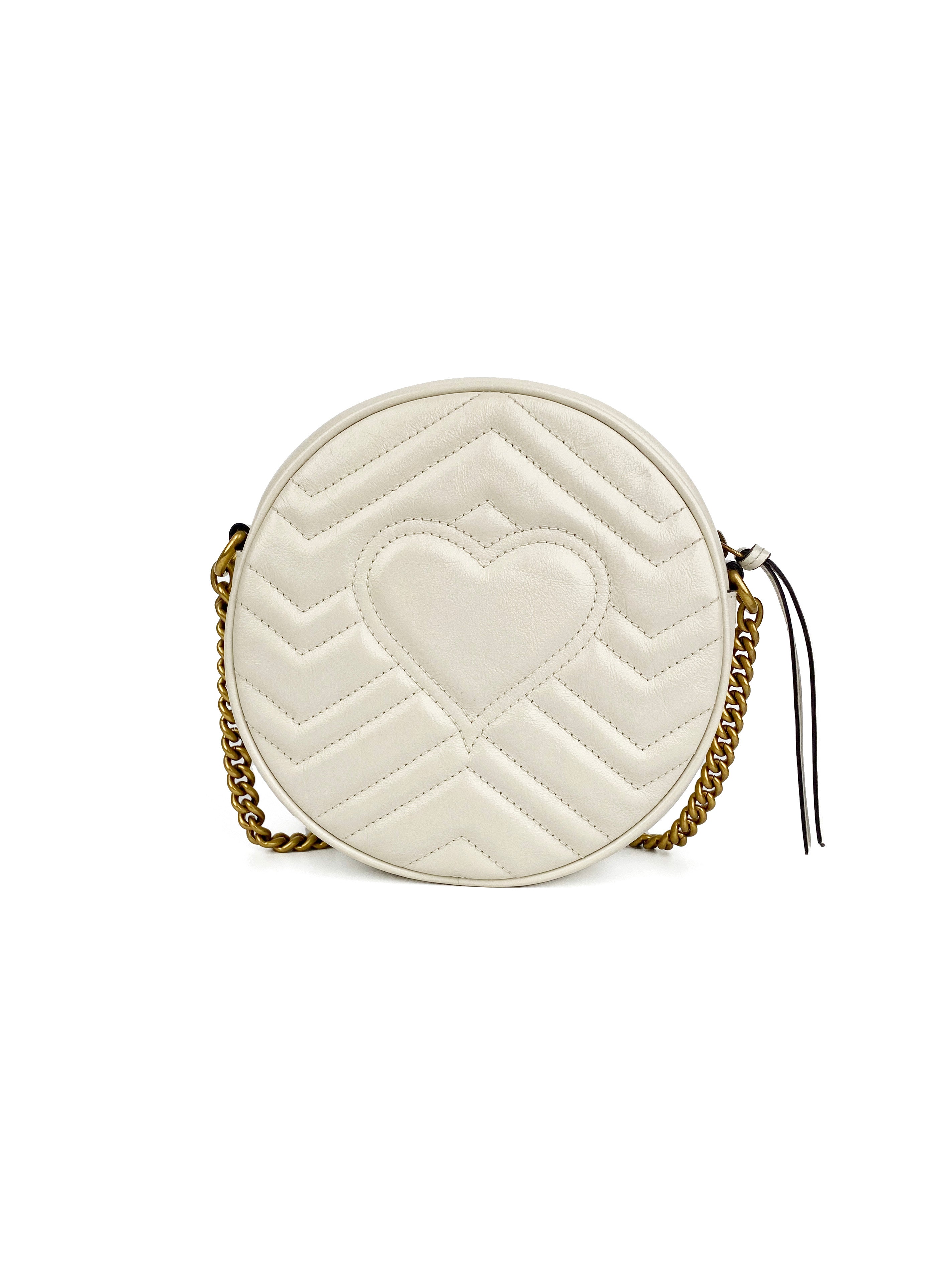 Gucci White Mini Round Marmont Shoulder Bag for Women - Luxury Leather Crossbody Purse with Gold Chain, Perfect for Date Night & Evening Events