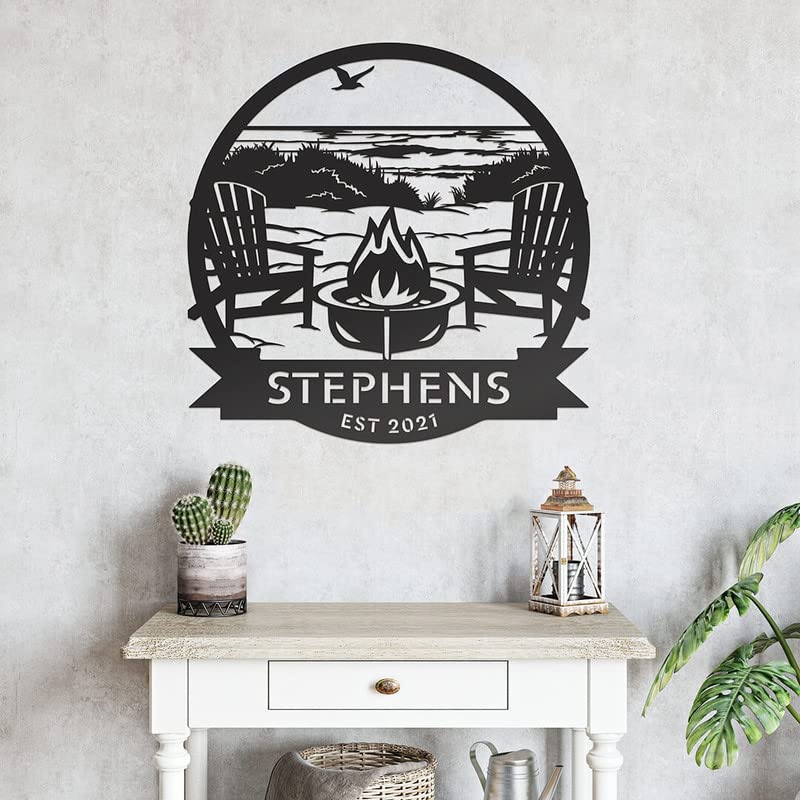 RealSteel Personalized Beach Campfire Monogram Sign - Custom Metal Wall Art for Home Décor, Outdoor Campsite, Backyard, Deer Lease & Fire Pit Areas - Perfect for Rustic Cabin, Hunting Lodge & Lakeside Retreat Decor