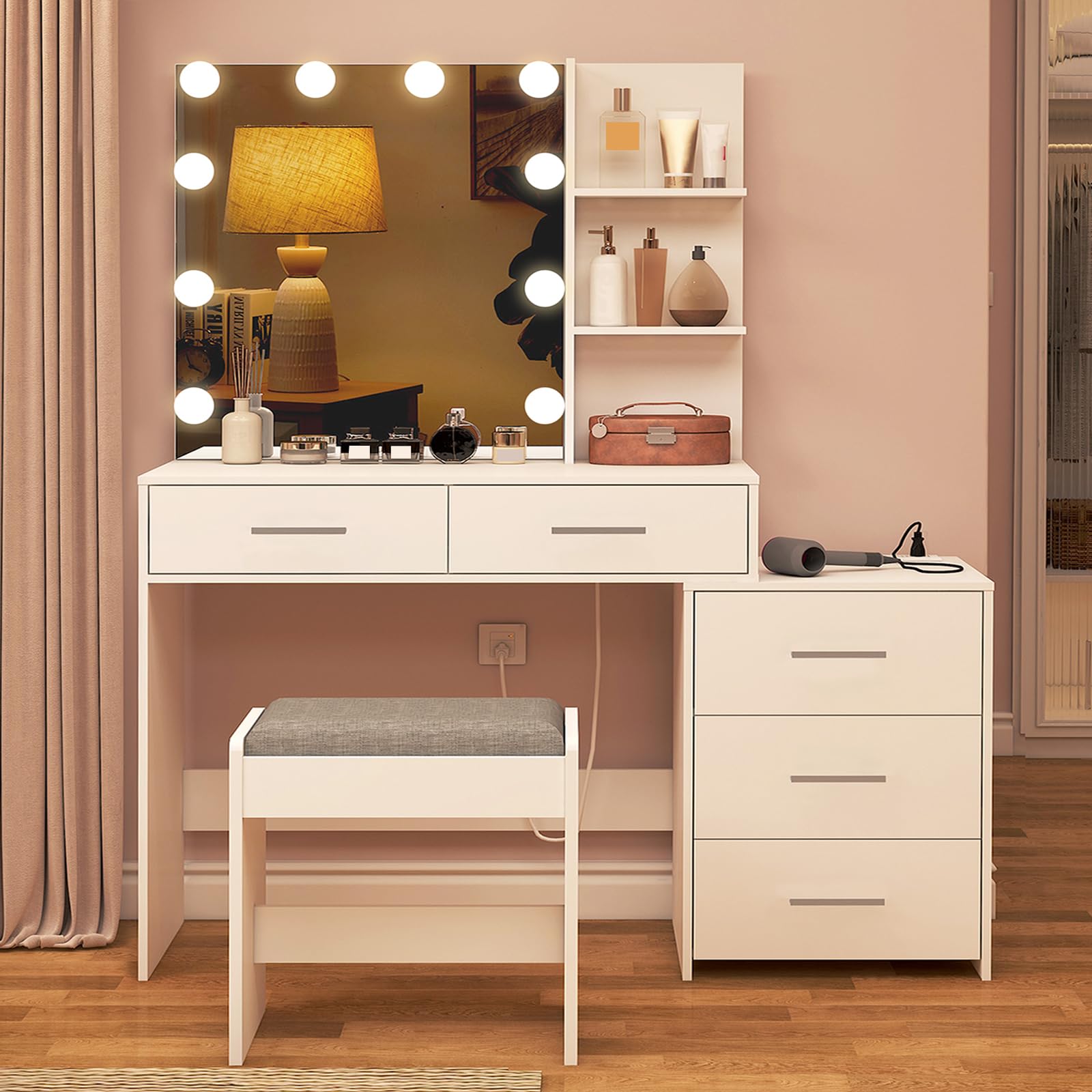 USIKEY Large Vanity Desk with Mirror & 10 LED Lights - Makeup Dressing Table with Power Strip, Storage Shelves & 5 Drawers - Vanity Set with Cushioned Stool for Women & Girls (White) - Perfect for Bedroom, Dorm Room & Beauty Salon Makeup Organization