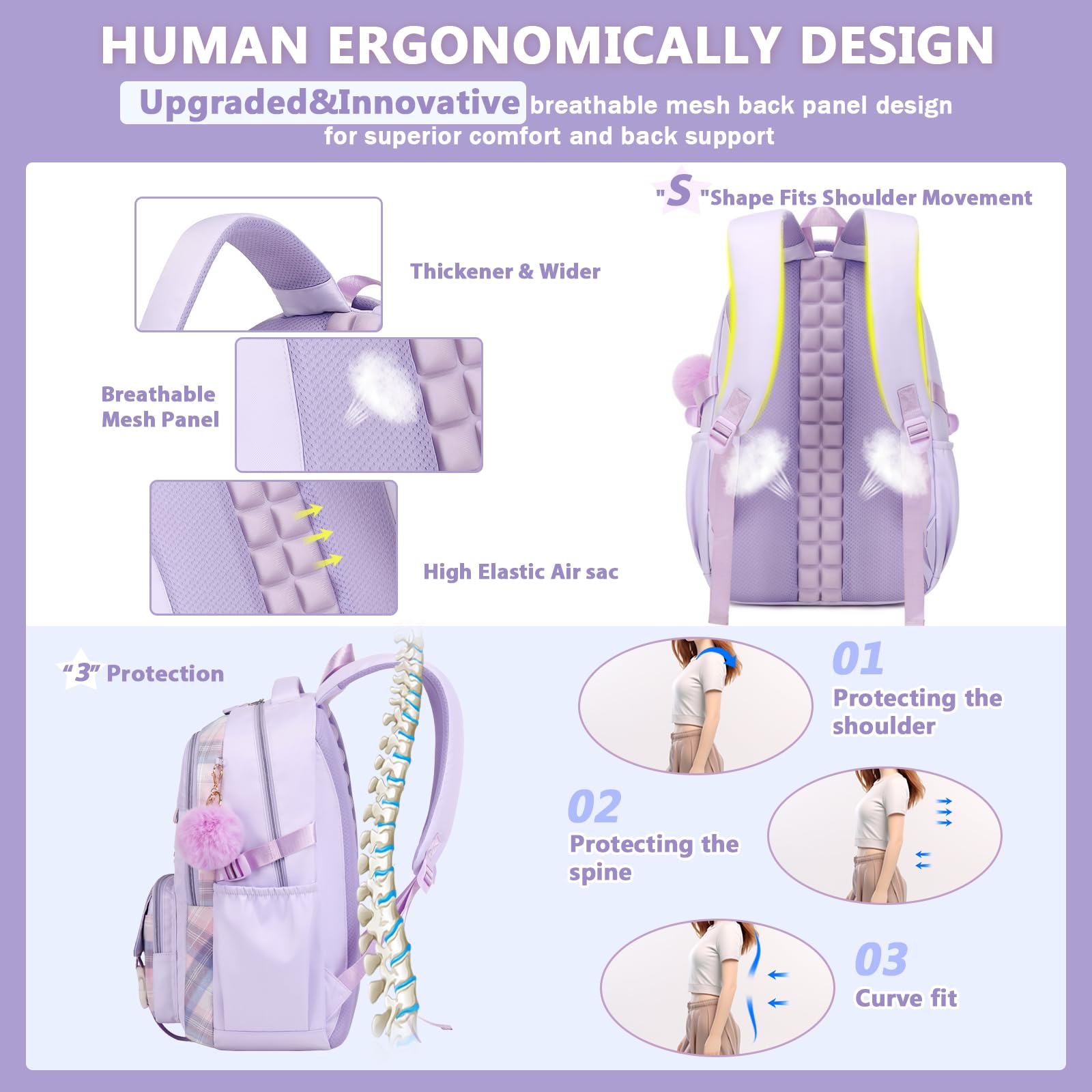 Cute Purple Girls Backpack for School - Kawaii Bookbag with Multiple Pockets for Elementary & Middle School Students (Ages 6-14) | Perfect for Daily Use, Travel & Outdoor Activities