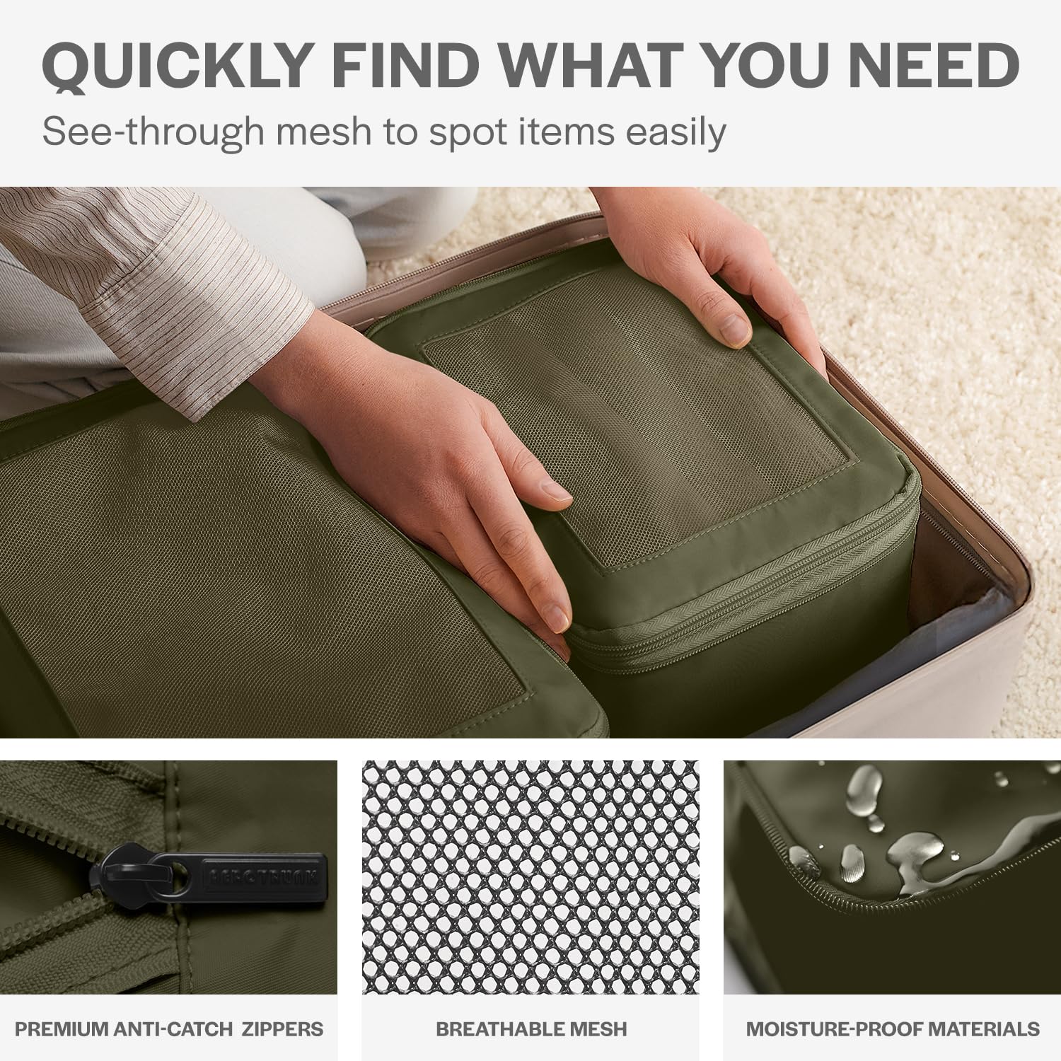 Travel Compression Packing Cubes 4-Pack - Double Zipper Luggage Organizer Bags for Suitcases (Olive) | Perfect for Business Trips, Vacations & Weekend Getaways