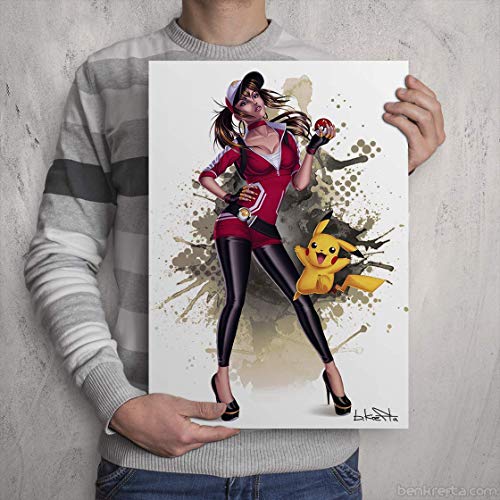 Pokemon Girl - Go Trainer with Pikachu - Signed Manga Art Print - Anime Wall Decor for Gamers & Collectors - Perfect for Bedroom, Game Room, or Office Display