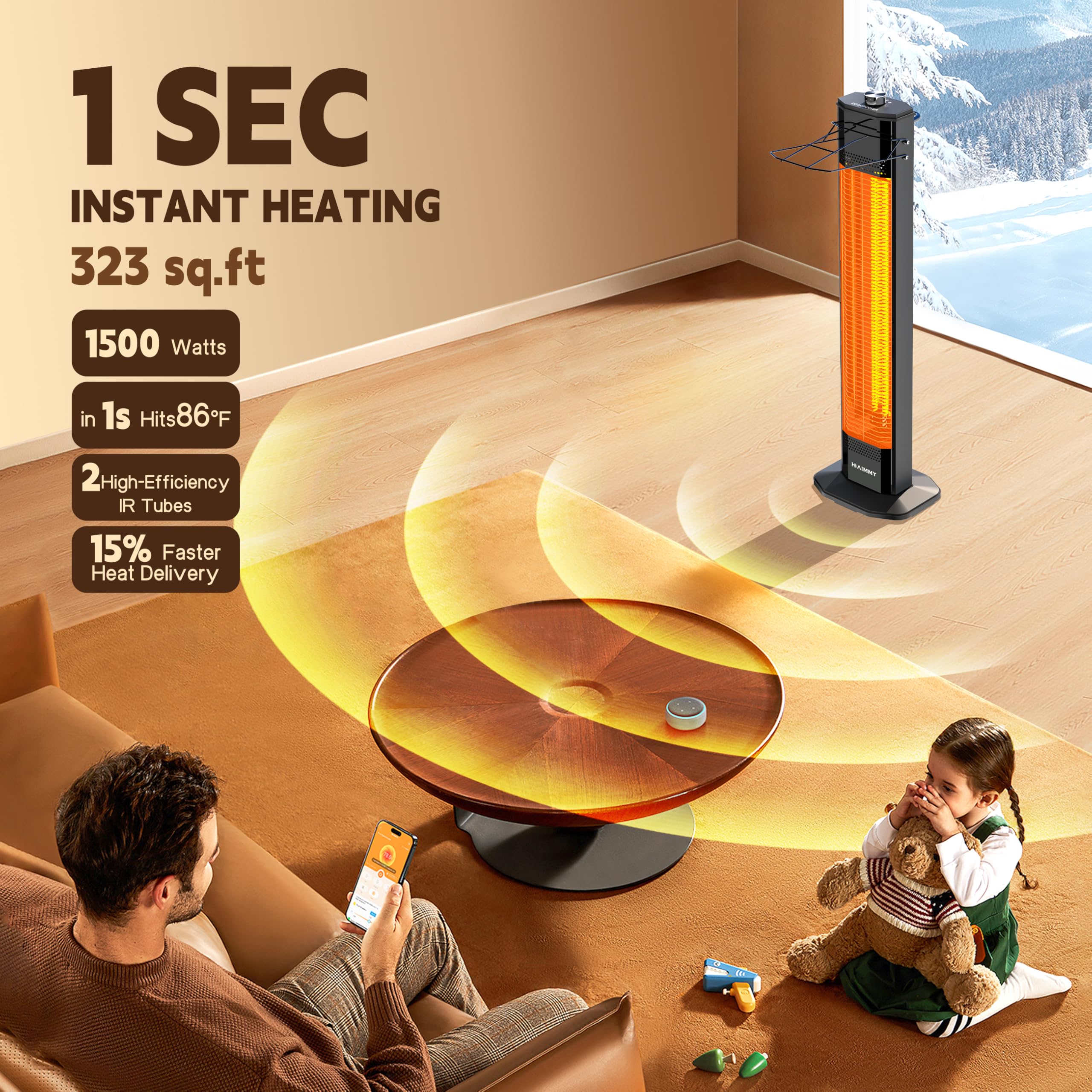 Haimmy 34-inch Outdoor Electric Patio Heater - 1500W Instant Heating with 3 Adjustable Heat Levels, Tip-Over & Overheat Protection, IPX5 Waterproof - Perfect for Backyard, Deck, Garden, and Outdoor Dining Areas