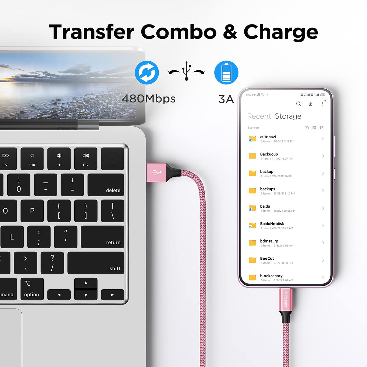 2-Pack Pink Braided USB to USB-C Fast Charging Cable [3A, 2M] - Compatible with iPhone 15 Pro, Samsung Galaxy S23/S22/S21/S20/S10/A15/A50/A55, Xiaomi, LG - Perfect for Home, Office & Travel Charging