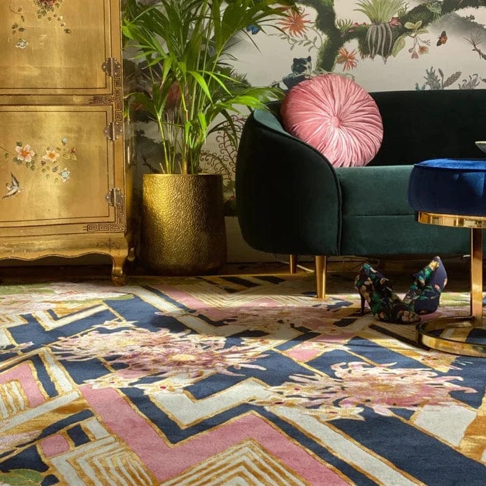 Hand Tufted Herringbone Floral Rug in Pink & Gold - Soft Bohemian Area Rug for Living Room, Bedroom, Nursery - PRE ORDER