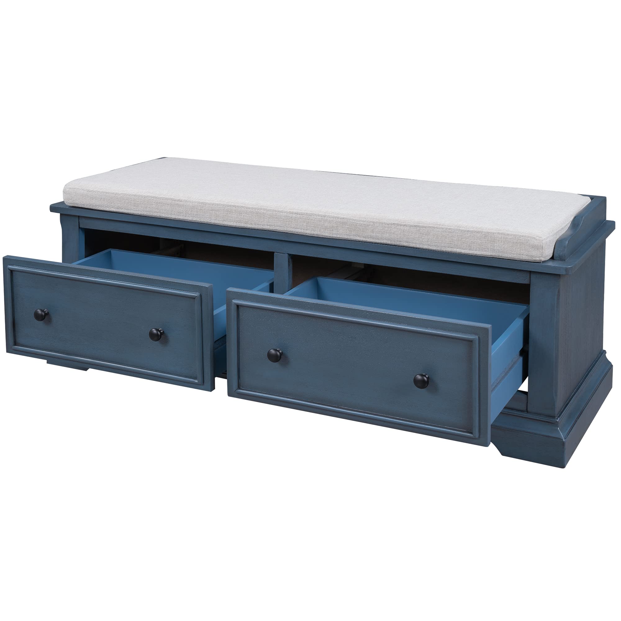 Solid Wood Storage Bench with 2 Large Drawers & Removable Cushion - Modern Entryway Shoe Bench for Living Room, Bedroom, Hallway - Fully Assembled (Navy, 43