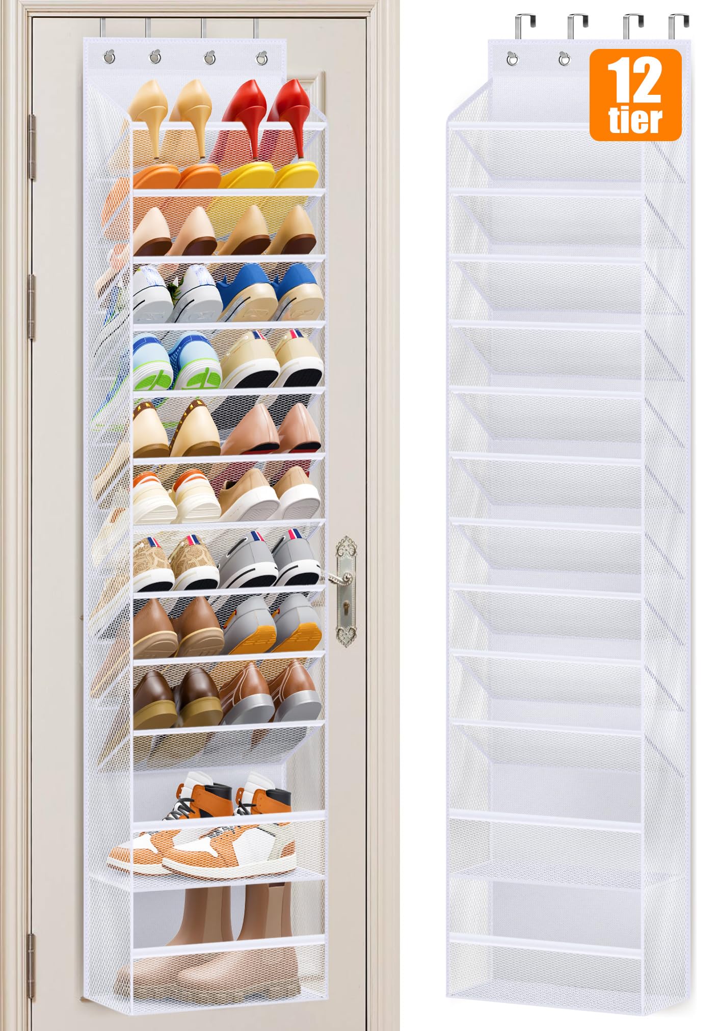 12-Tier Over The Door Shoe Organizer - Hanging Shoe Rack for Closet Storage - Holds 24 Pairs of Shoes Including Sneakers, Sandals, Heels & Boots - Space Saving Solution for Bedroom, Dorm & Entryway (White)