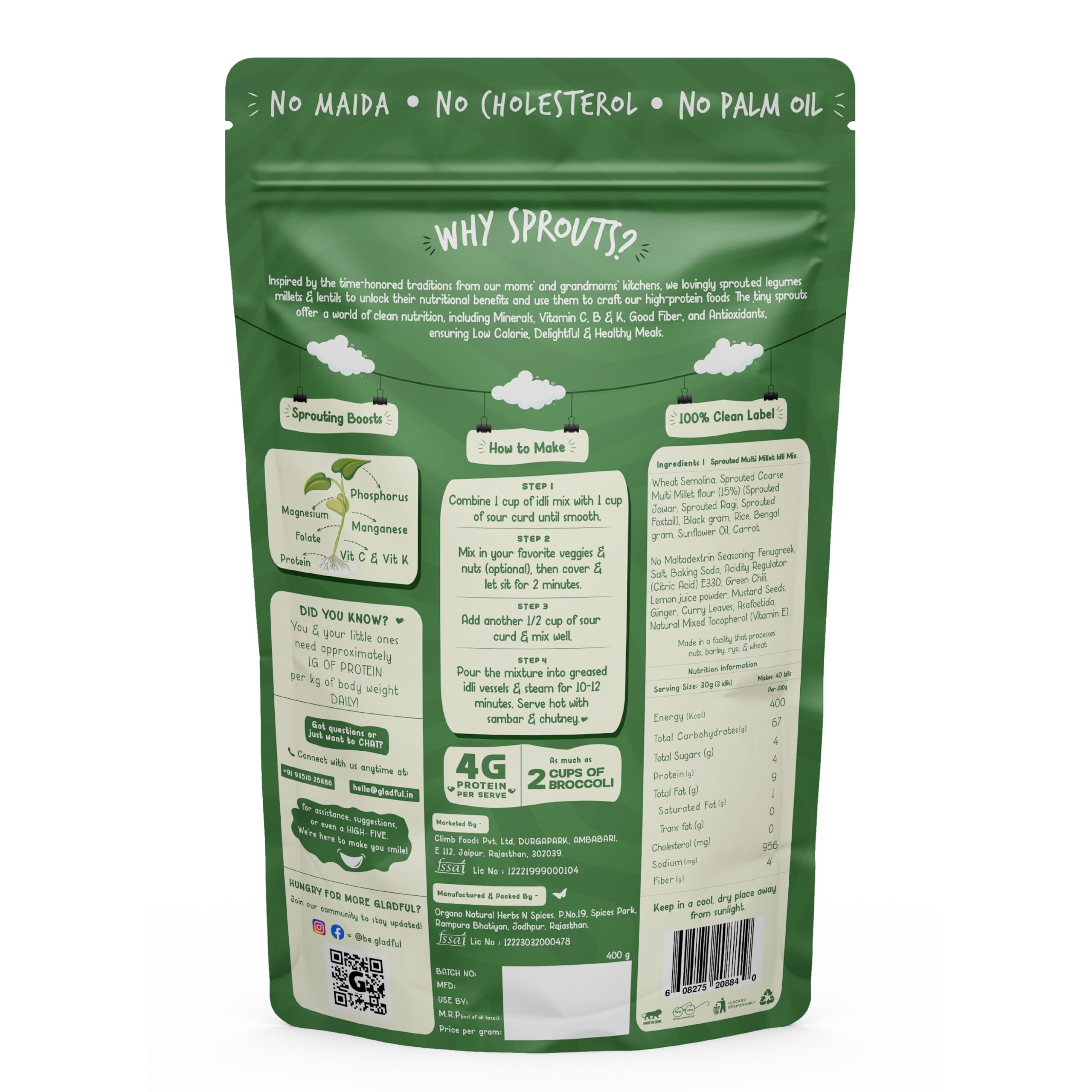 Gladful Ragi and Multi Millet Idli Instant Mix - High Fiber, No Palm Oil, No Transfat, Vegan & Gluten-Free - Quick & Nutritious Breakfast for Weight Loss & Diabetics - Pack of 2 (800g) | Perfect for Busy Mornings, Office Lunch & Healthy Snacking