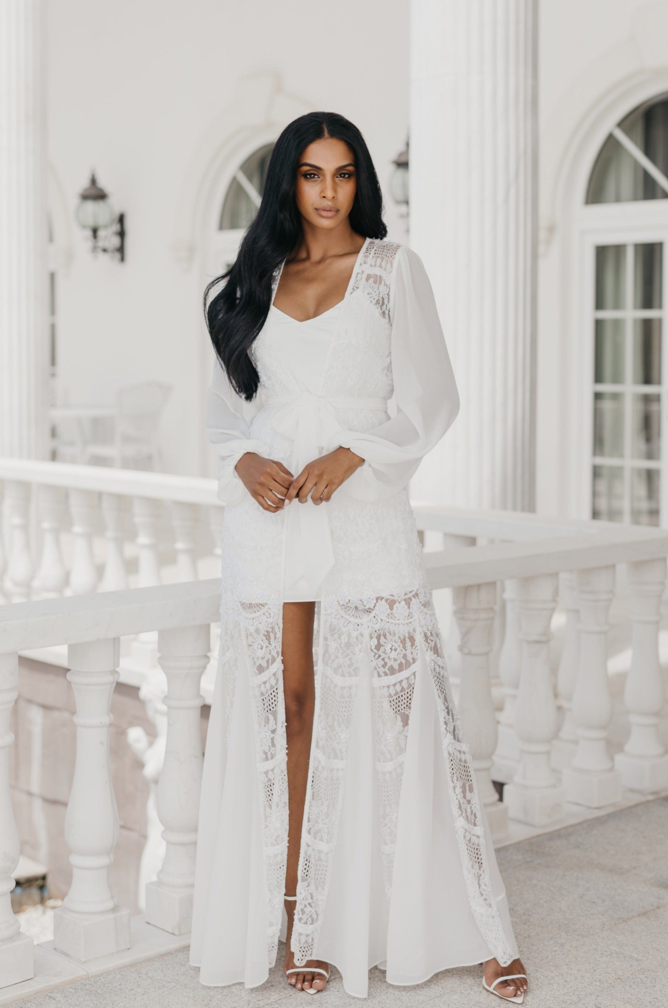 Elegant Hand-Beaded Pearl Maxi Bridal Robe with Slip - Perfect for Wedding, Bridal Shower & Honeymoon Getaway