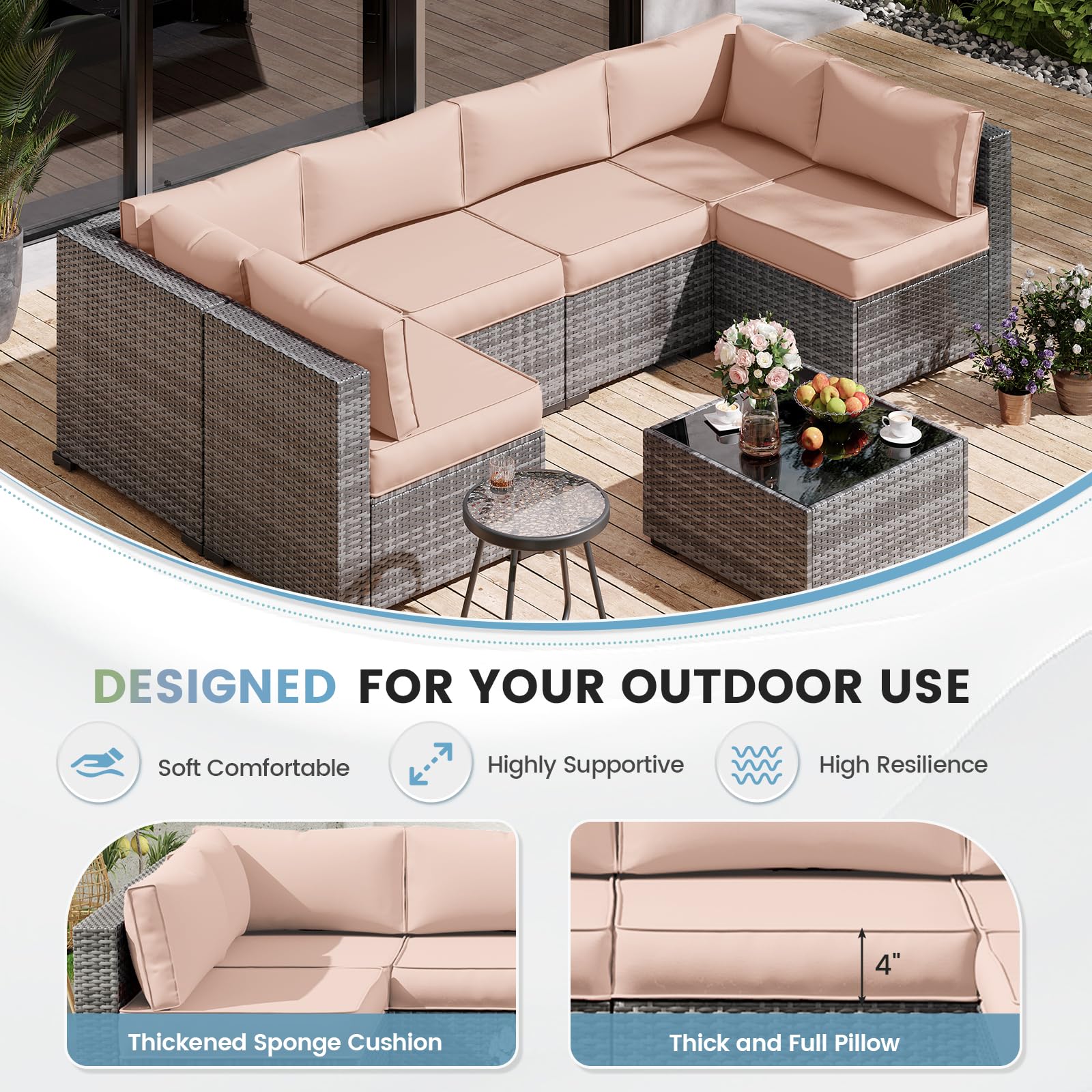**UDPATIO Water-Resistant Outdoor Replacement Cushions for 6-Seat Sectional Patio Furniture – 14-Piece Beige Couch Cushions – Perfect for Backyard, Poolside & Garden Relaxation**