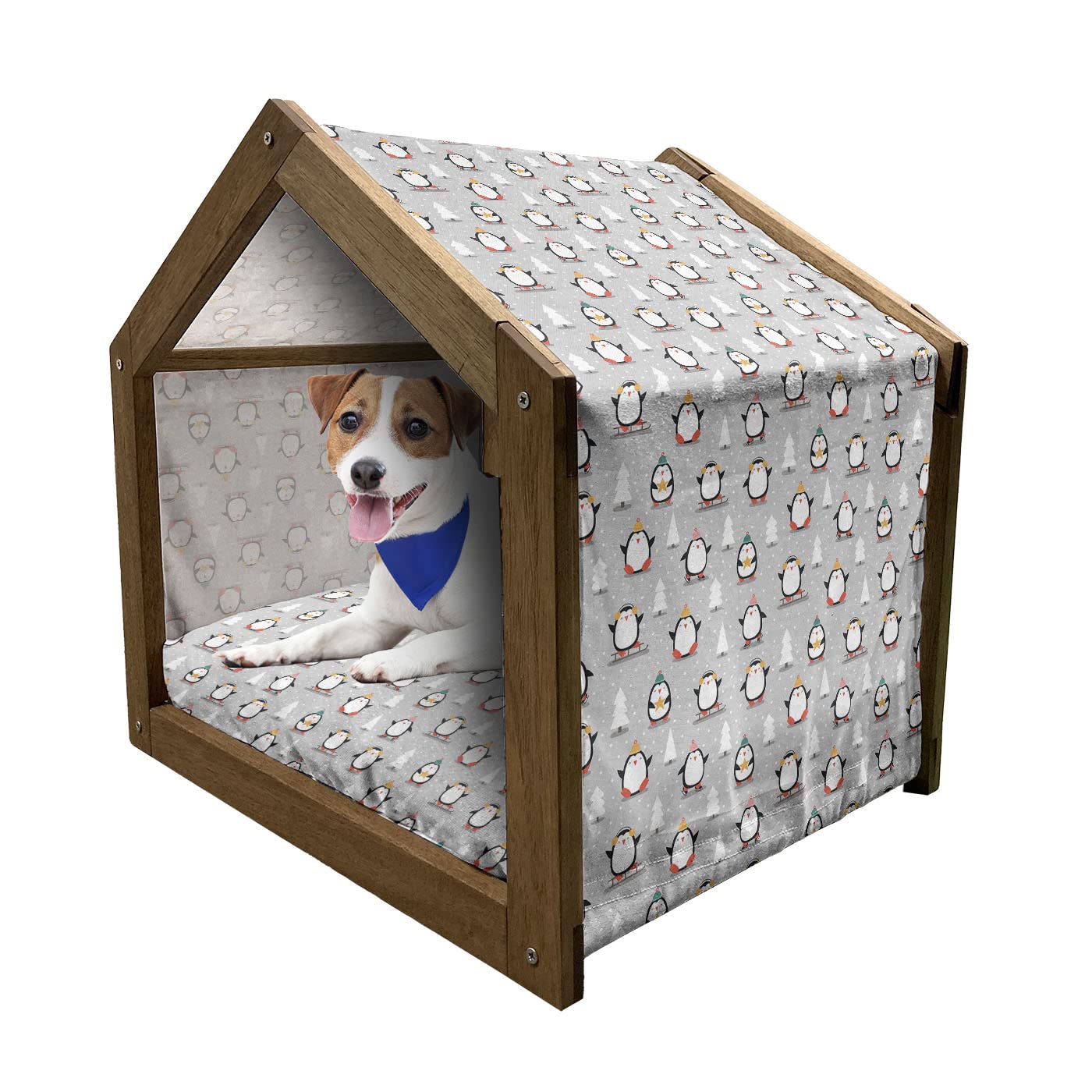 Ambesonne Winter Wooden Pet House for Dogs - Cozy Indoor & Outdoor Portable Dog Kennel with Pillow & Cover, Small Size, Multicolor Penguin Snowflake Design - Perfect for Cold Weather & Holiday Pet Shelter