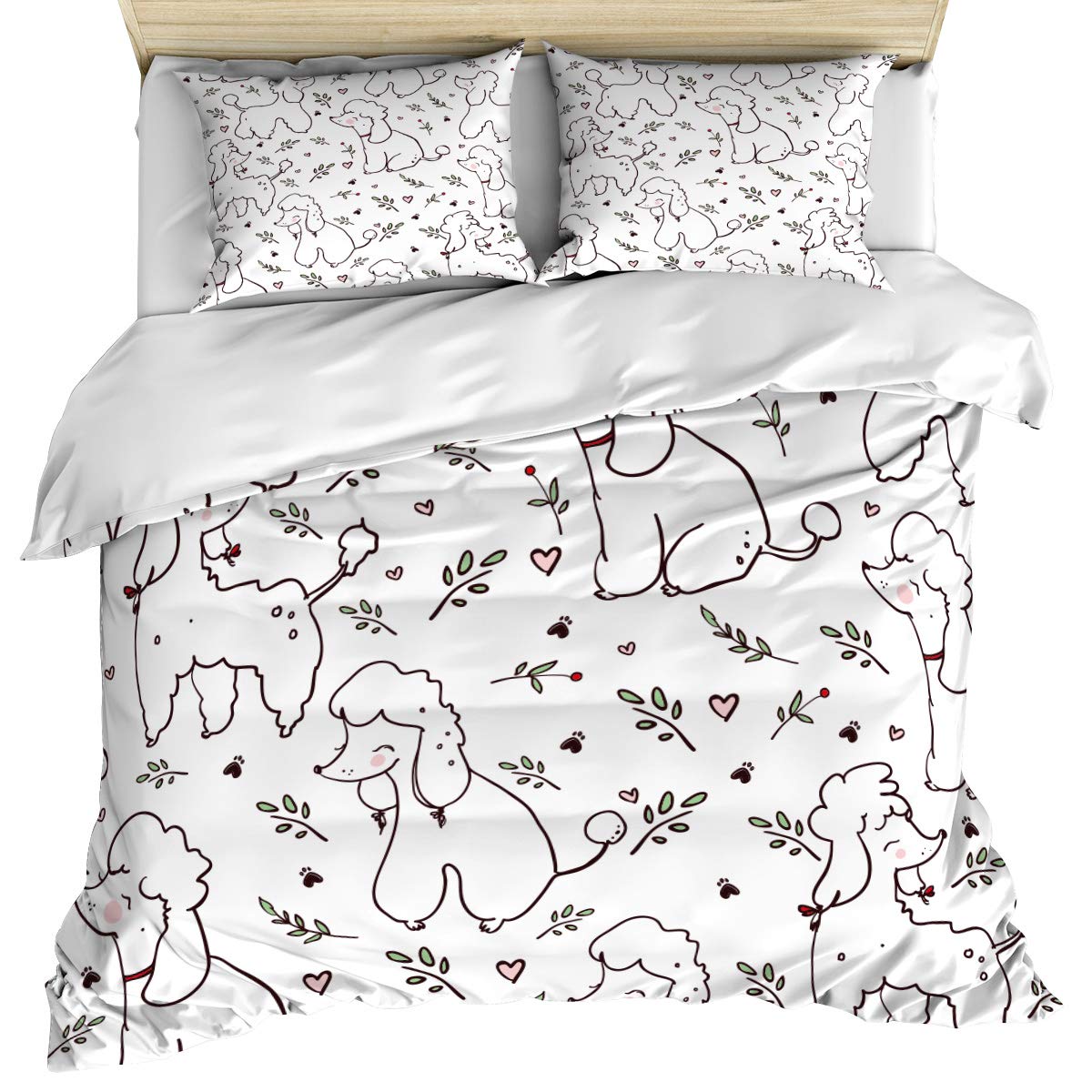 3 Piece Full Size Bedding Set - Poodle Puppy Silhouette with Leaves Design, Soft Comforter & Duvet Cover with 2 Pillow Shams for Kids, Teens, Adults - Perfect for Cozy Bedrooms, Guest Rooms & Dorm Decor
