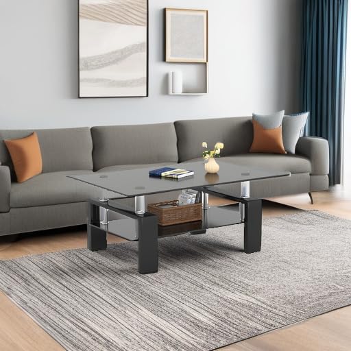Modern 2-Tier Rectangle Glass Coffee Table - All Black Contemporary Side Tea Table for Living Room | Perfect for Small Spaces, Apartments & Lounge Areas