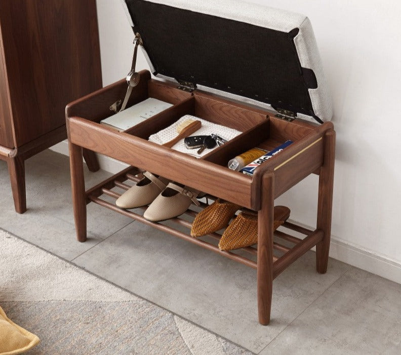 Solid Black Walnut Shoe Storage Bench with Flip Top - Multi-Functional Entryway Organizer for Shoes, Hats & Bags - Perfect for Hallway, Bedroom or Closet Organization