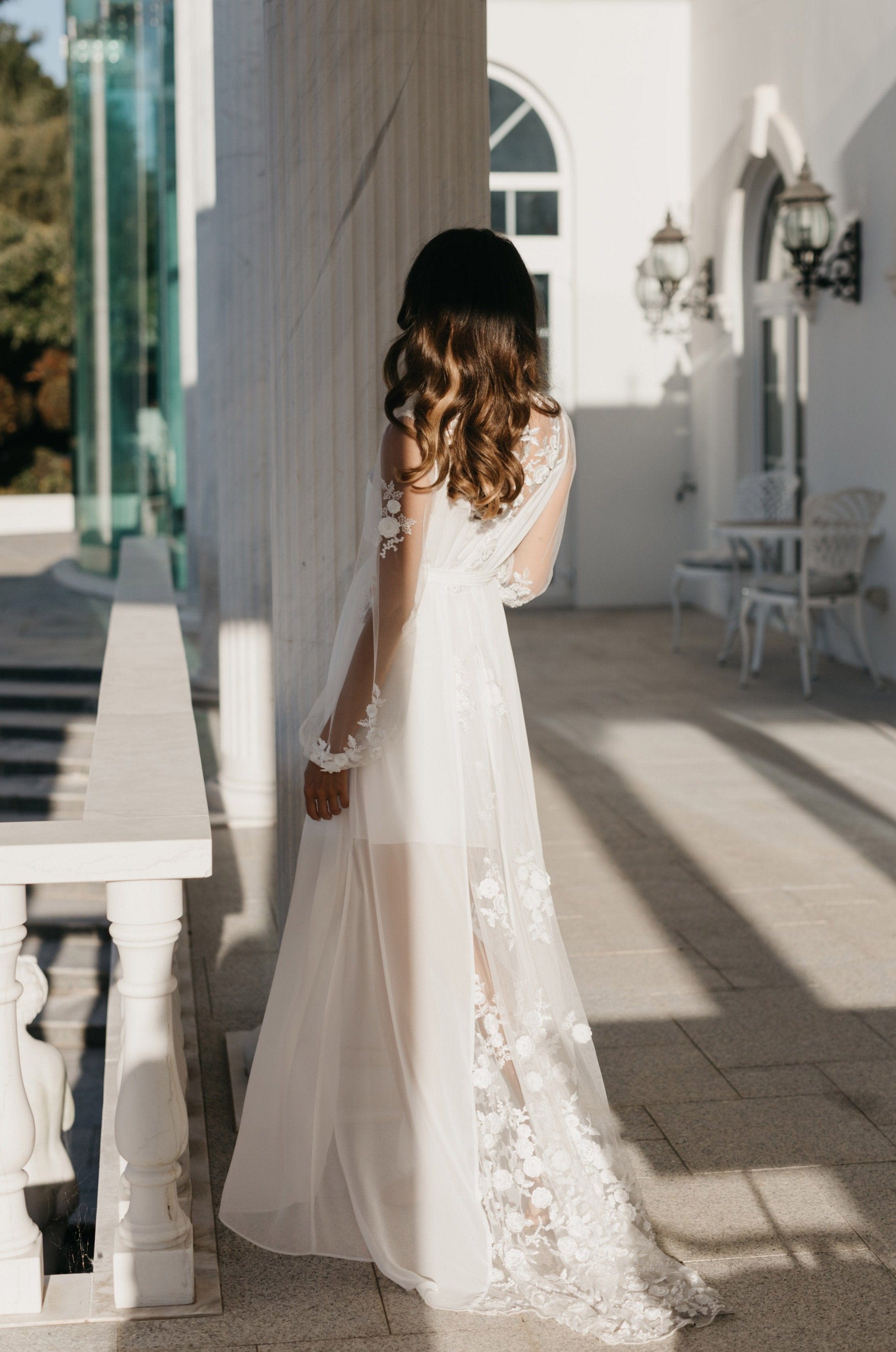 Amara Beaded Floral Lace Maxi Bridal Robe with Train & Slip - Elegant Wedding Gown for Bride, Bridesmaids & Photoshoots | Perfect for Ceremony, Reception & Honeymoon