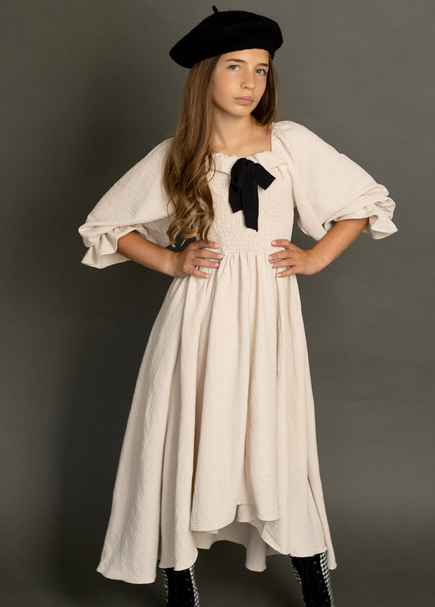 Odina Women's Ecru Dress - Elegant Flowy Midi Dress for Casual Wear, Office & Special Occasions