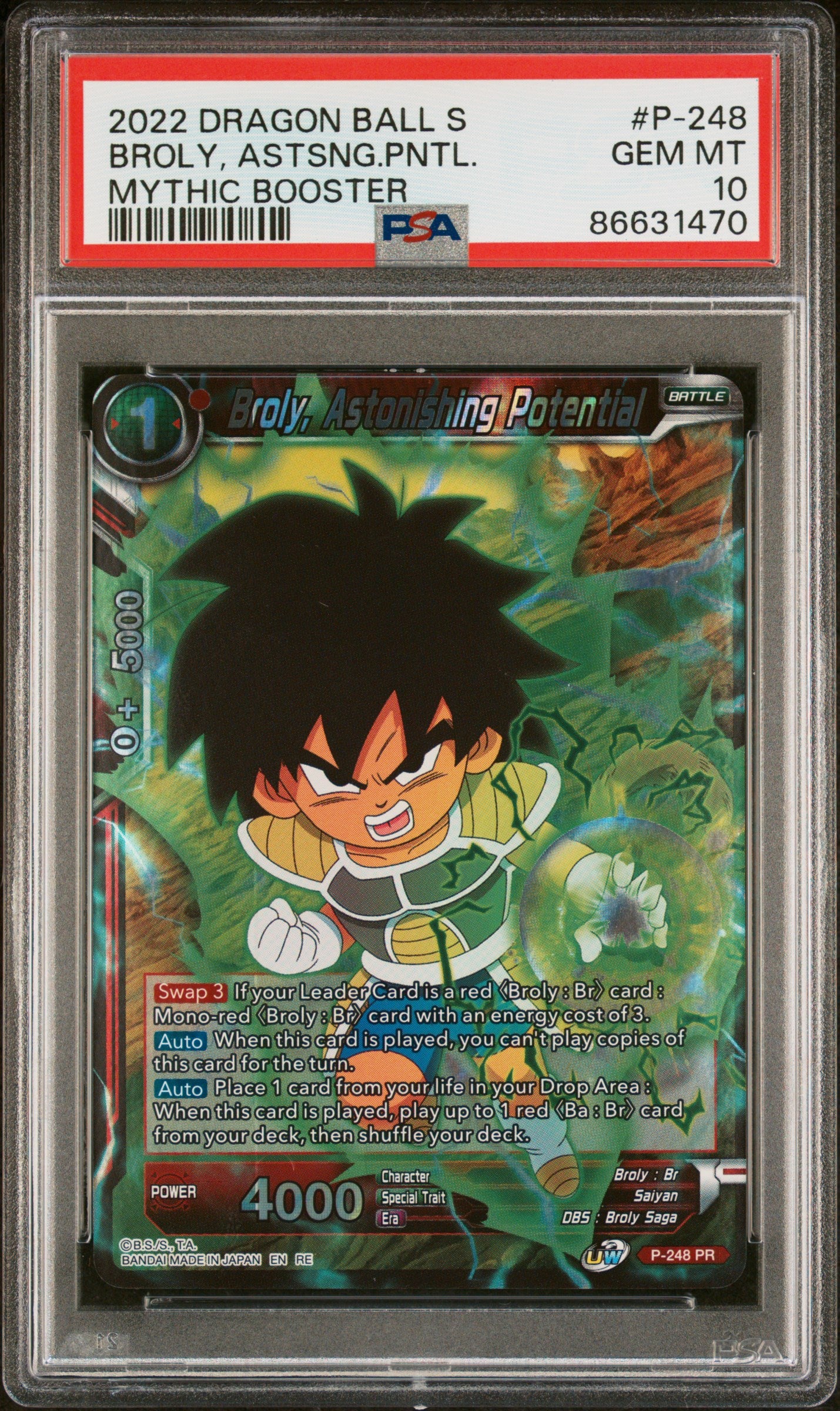 2022 Dragon Ball Super Mythic Booster Broly ASTSNG.PNTL #P 248 PSA 10 Graded Card - Perfect for Collectors & Anime Fans | Display, Trade, or Invest in Rare Trading Cards